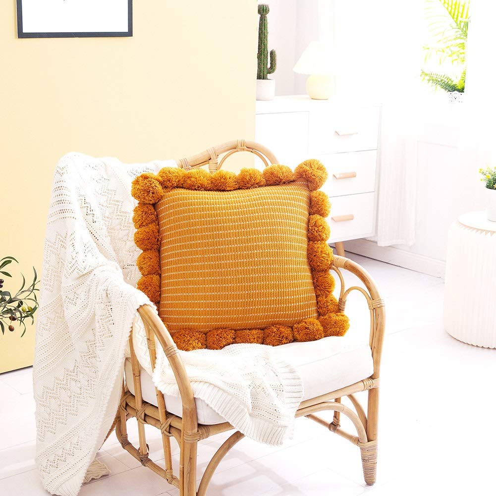 MiDuoHU Bohemia knitting Cushions, Solid Color Pillow Decorative Cushion with Pompoms, Seat Cushions Throw for Sofa Bedroom Office Car Decor(Yellow)