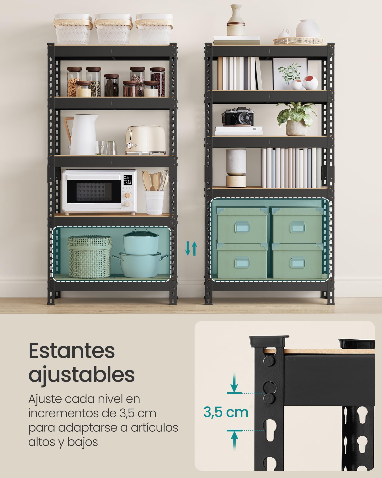 SONGMICS Estantería de 5 Niveles, estantes de Almacenamiento, para Estudio, Montaje sin Tornillos, estantes Ajustables, 30 x 75 x 150 cm, Carga de 875 kg, para cobertizo, almacén, sótano, Cocina