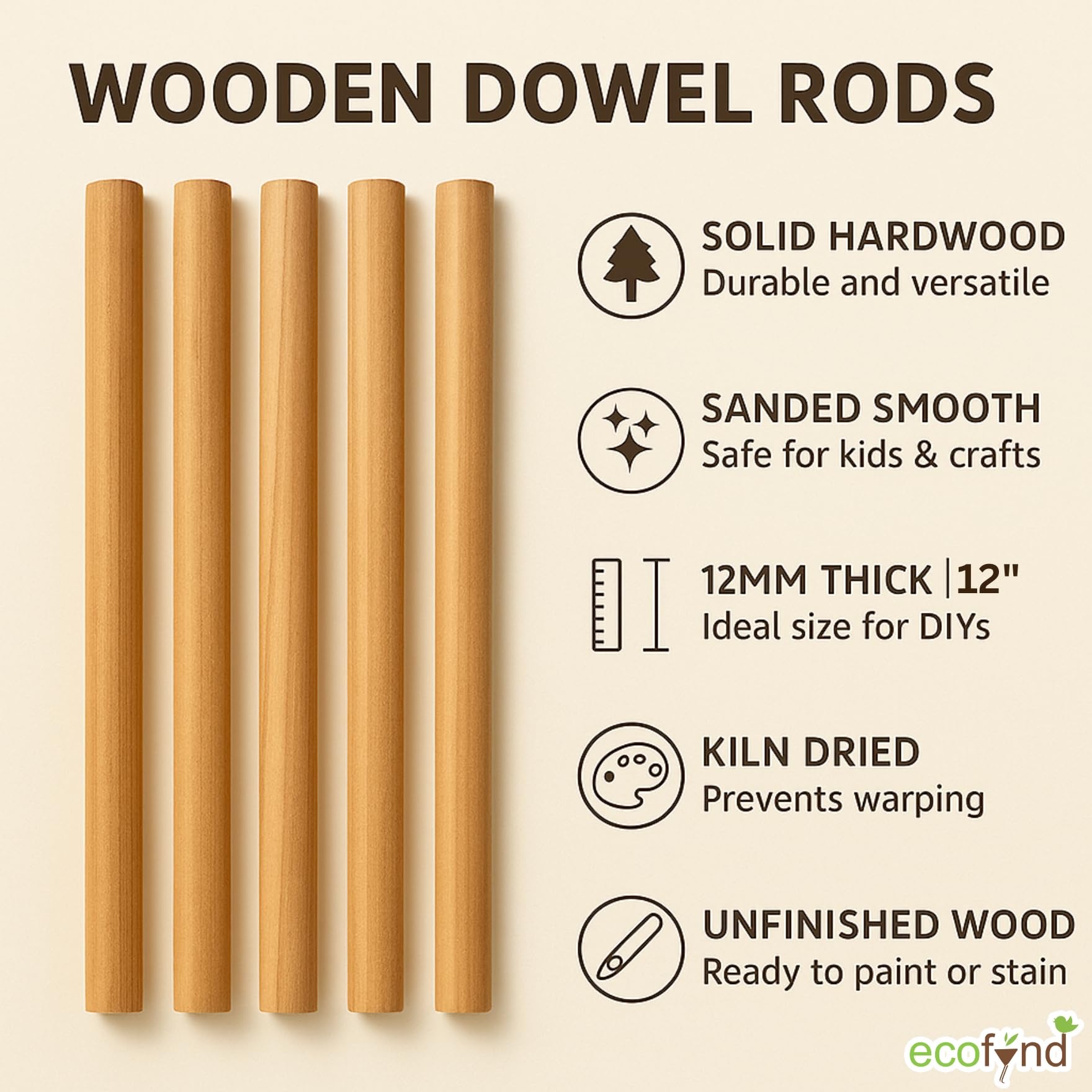 ecofynd 12 inches Wooden Dowel Rods, Pack of 10 | Wood Dowels | Solid Hardwood Sticks for Crafting, Cotton, DIY & More | Sanded Smooth, Kiln Dried, Natural Wood, Unfinished (10, 12 inches)