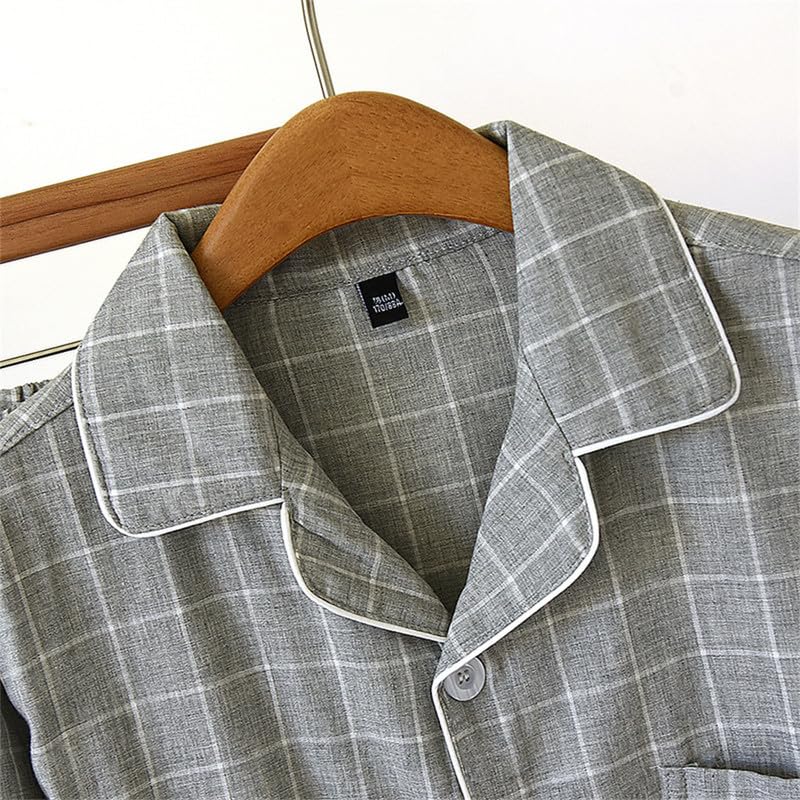 Shanghai Story Men's Notched Collar Short Sleeve Sleepwear Long Pants Pajamas Sets Check Print PJS3