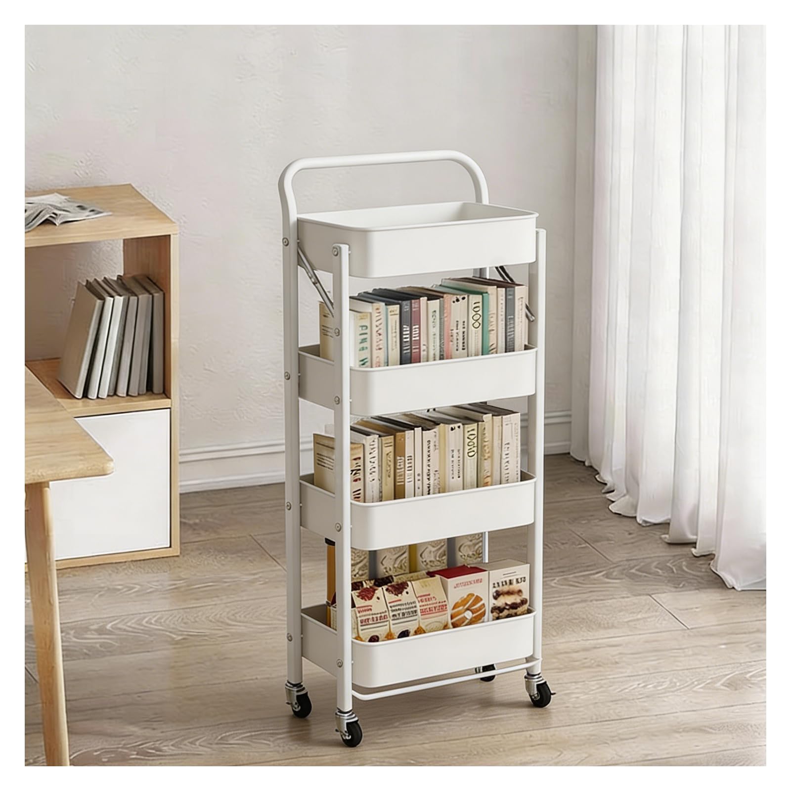 Chariot de service en métal avec roulettes, 4 étages, blanc, sans montage, pliable, stable, pour cuisine, salle de bain, bureau, étagère en métal avec poignée, 45 x 30 x 120 cm