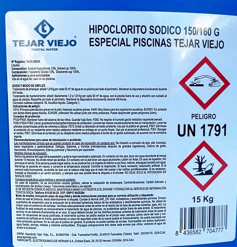Mugar- Hipoclorito Sódico para Tratamiento de Piscinas en Garrafas de 10 litros- 15kg - Marca Mugar- Apto para Liner y Poliéster