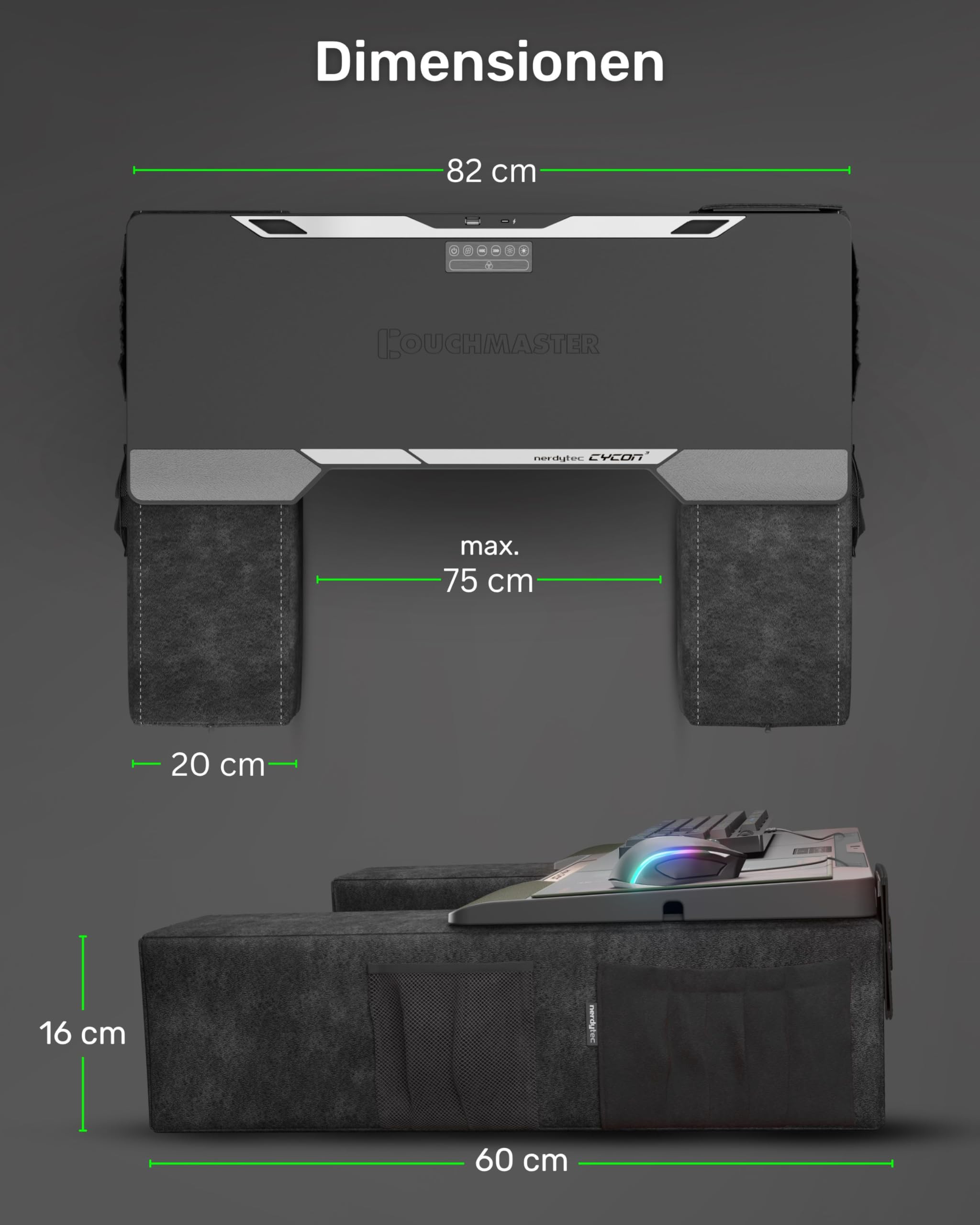 Couchmaster CYCON³ Black HORIZONLIGHT Bar, ergonomischer Gaming Laptoptisch für Couch, Sofa und Bett, Laptop Tisch mit USB Hub für PC, PS4/5, Xbox One/Series X und Laptops