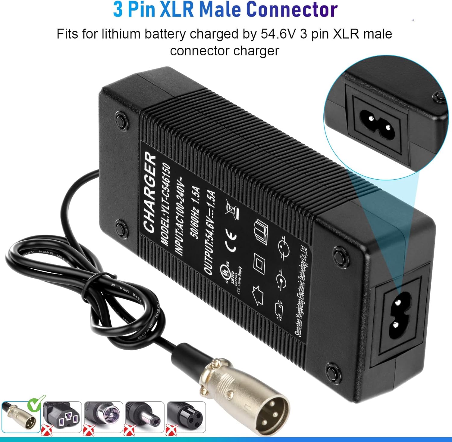 FS Fushield 54.6V 1.5A Battery Charger for Electric Bike Scooter, Power Adapter with 3 Pin XLR Male Connector for 48V Ebike Scooter Motorcycle Lithium Li-ion Battery (UL& CE Certified) : Sports & Outdoors