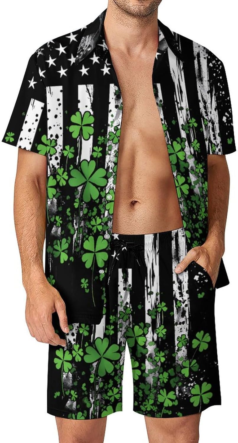 Irish US Flag Men's Summer Beach Outfits Shirt And Shorts Set 2 Piece Vacation Swimwear