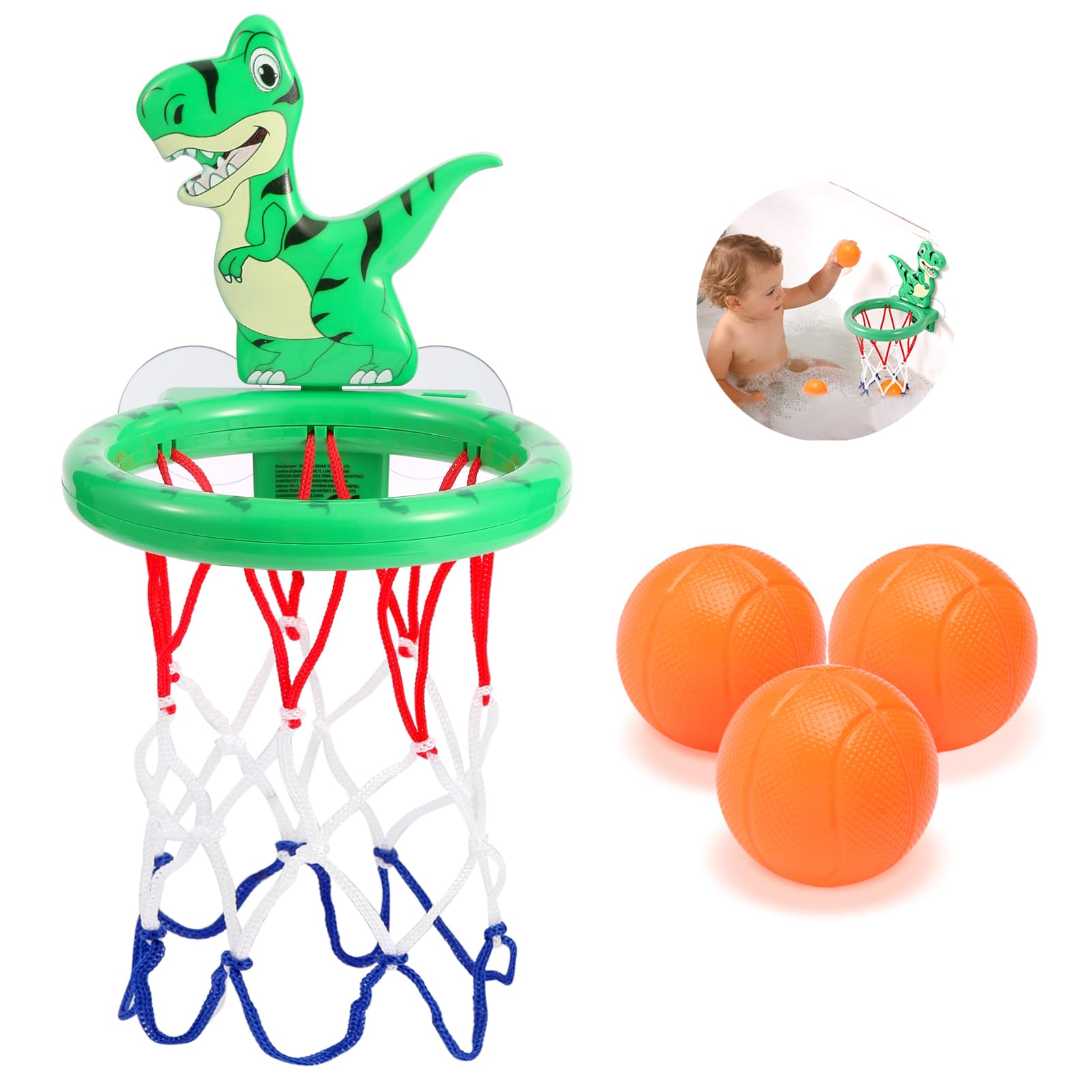 Bath Toys for Toddlers 2-5, Bathtub Basketball Hoop for Kids Toddlers, Water Pool Toys for Baby Toddler Toys Age 1-4, Basketball Hoop Sports Sensory Toys With 3 Hole-Free Balls (Green Dinosaur)