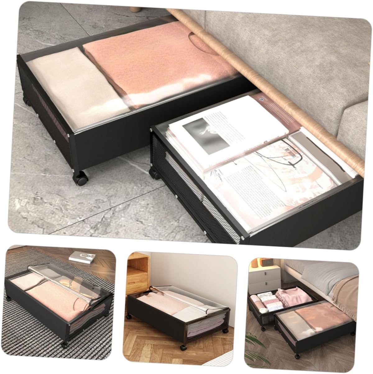 Under Bed Storage Container with Wheels Large Capacity Multifunctional Clothes and Organizer Box Dustproof Bedroom Storage Bin Black Transparent Lid