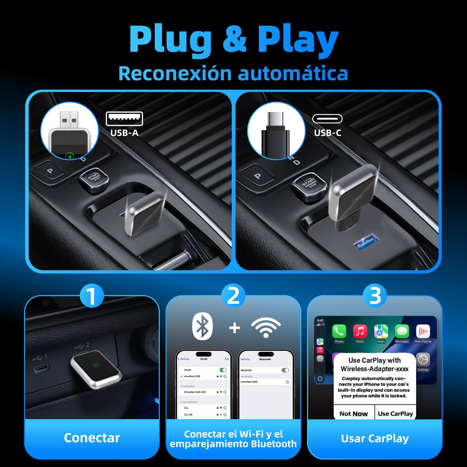 Linghuang Mini Adaptador Carplay Inalambrico & Adaptador Android Auto Inalambrico, Convierte de Cableado a Inalámbrico, Plug & Play, Conexión Rápida y Estable, Compatible con iOS 10+ & Android 11+