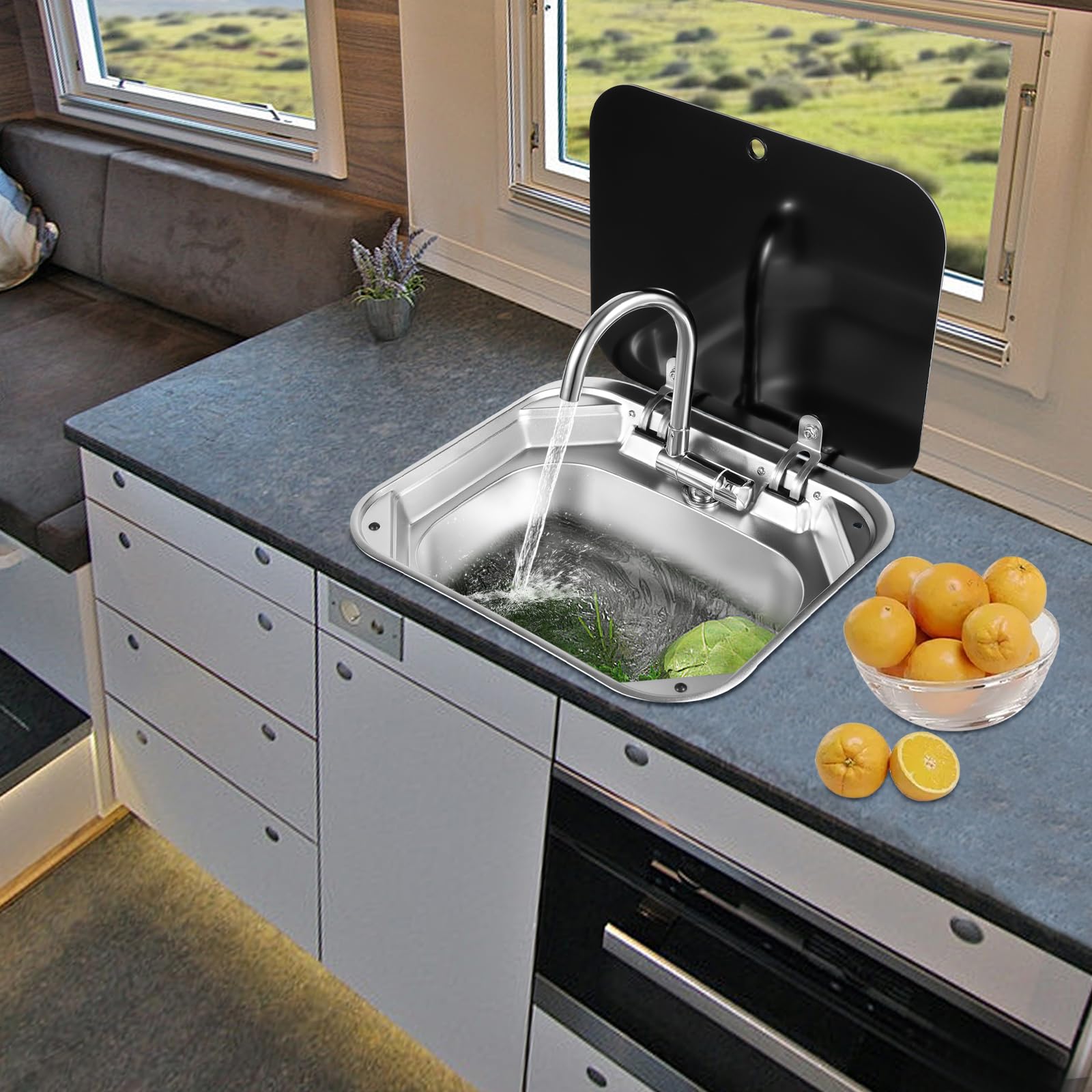 Ensemble de lavabo pour caravane, lave-mains pour camping-car, kit d'évier pour camping-car, avec robinet, évier en acier inoxydable pour caravane ou bateau