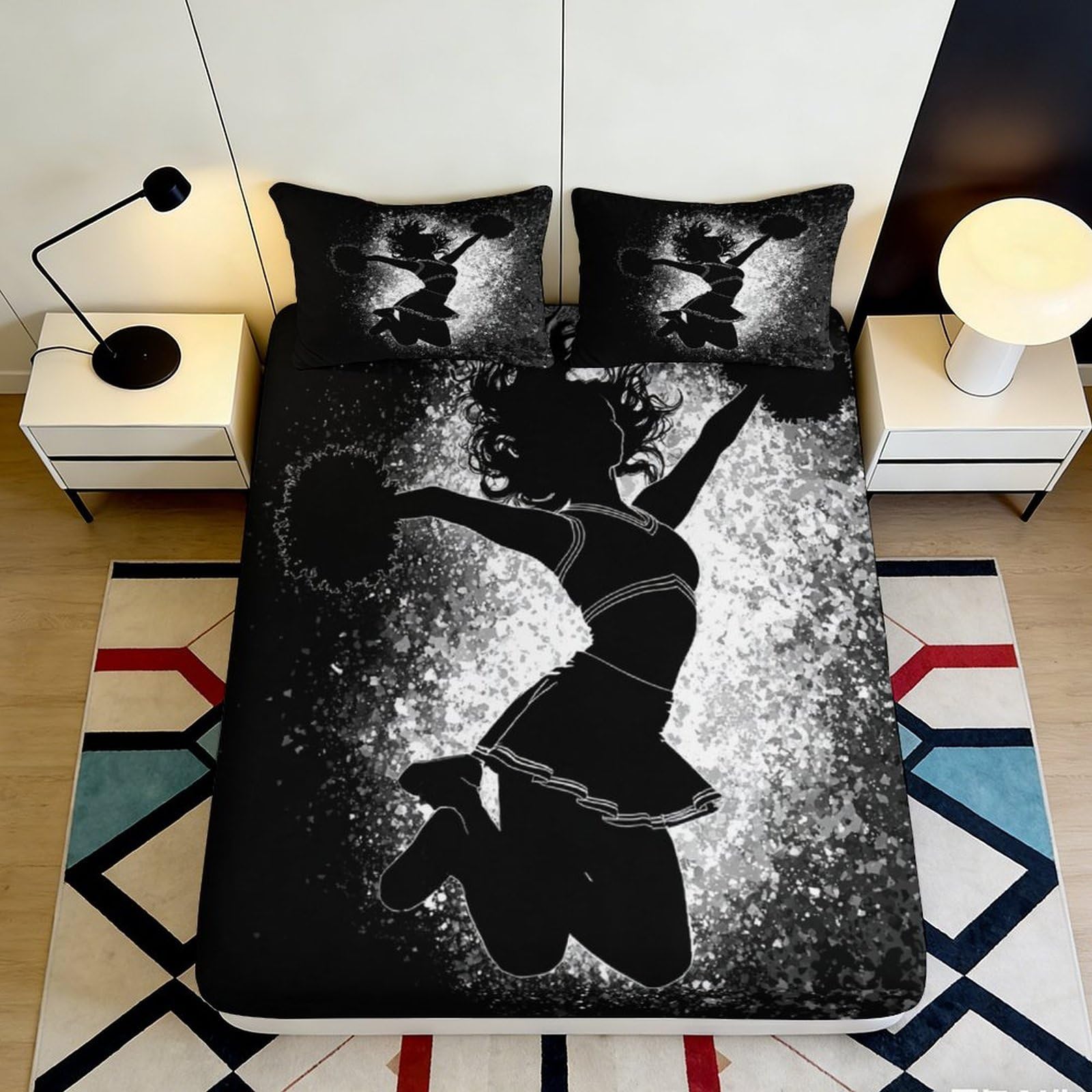 3D Printed Cheerleader Silhouette Fitted Sheet Microfiber Black White Artistic Bed Cover for Bedroom Guest Room Home Decor 90x200x25cm