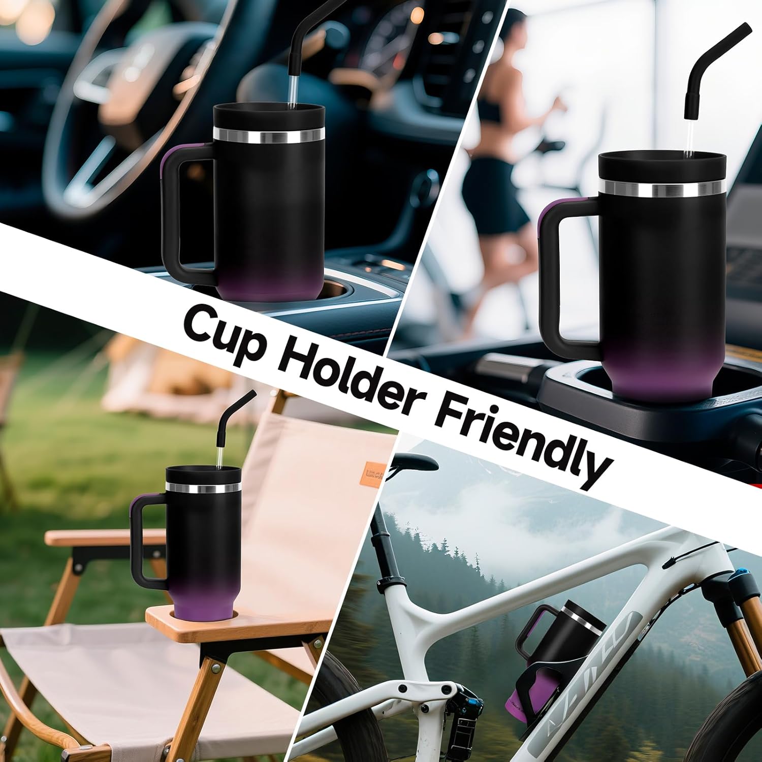40oz Tumbler with Handle and Straw Spout 2-in-1 Lid, Spill Leak Proof Insulated Travel Cup Traveler Water Mug Keep Cold Hot, Dishwasher Safe Stainless Steel Bottle Gifts for Women Men, Black Purple - Image 7