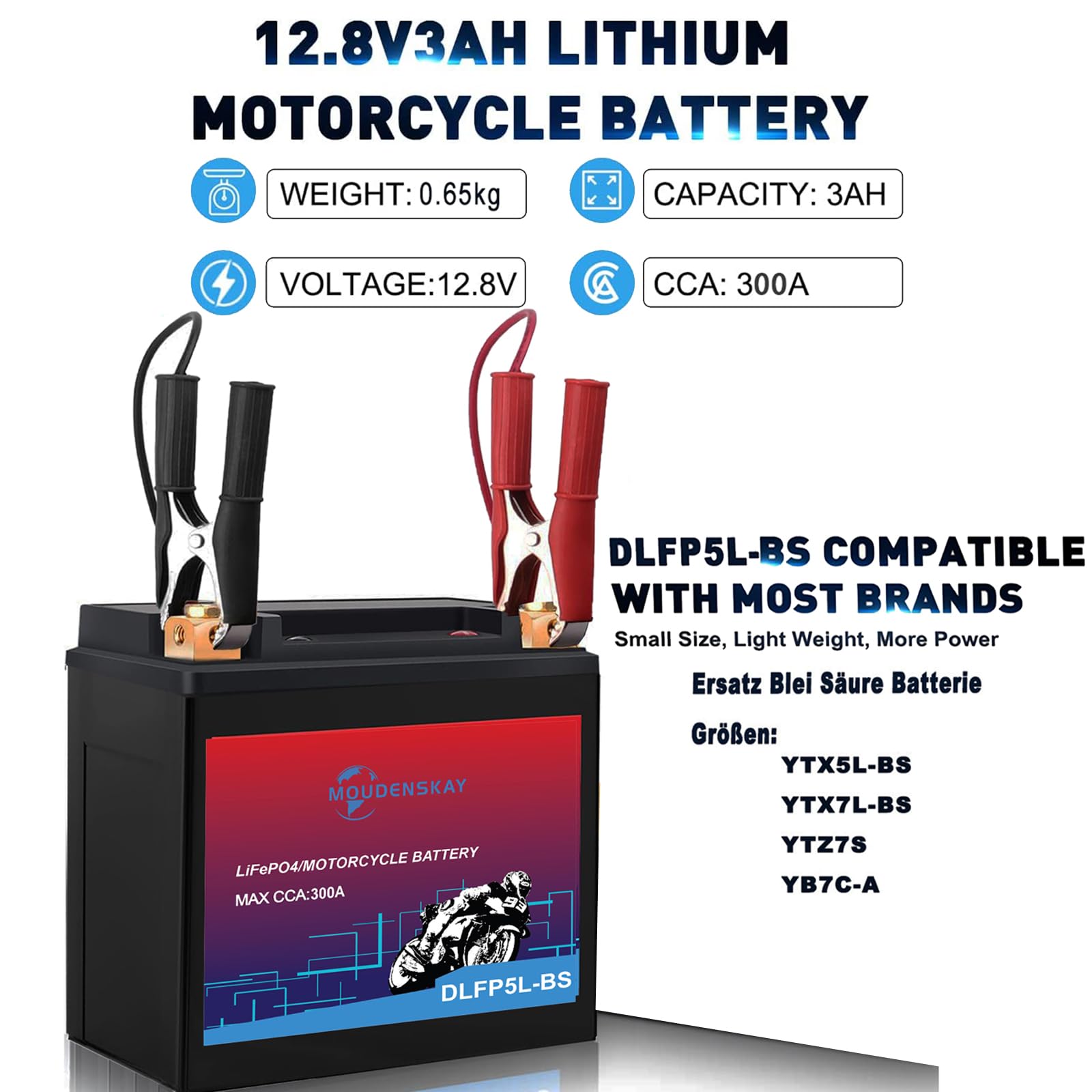 Akumulator litowy do motocykla 12V Akumulator litowy Powersports z BMS, YTX5L-BS 3AH 300CCA LiFePO4 Akumulator rozruchowy do motocykli, ATV, UTV, skuterów śnieżnych i więcej