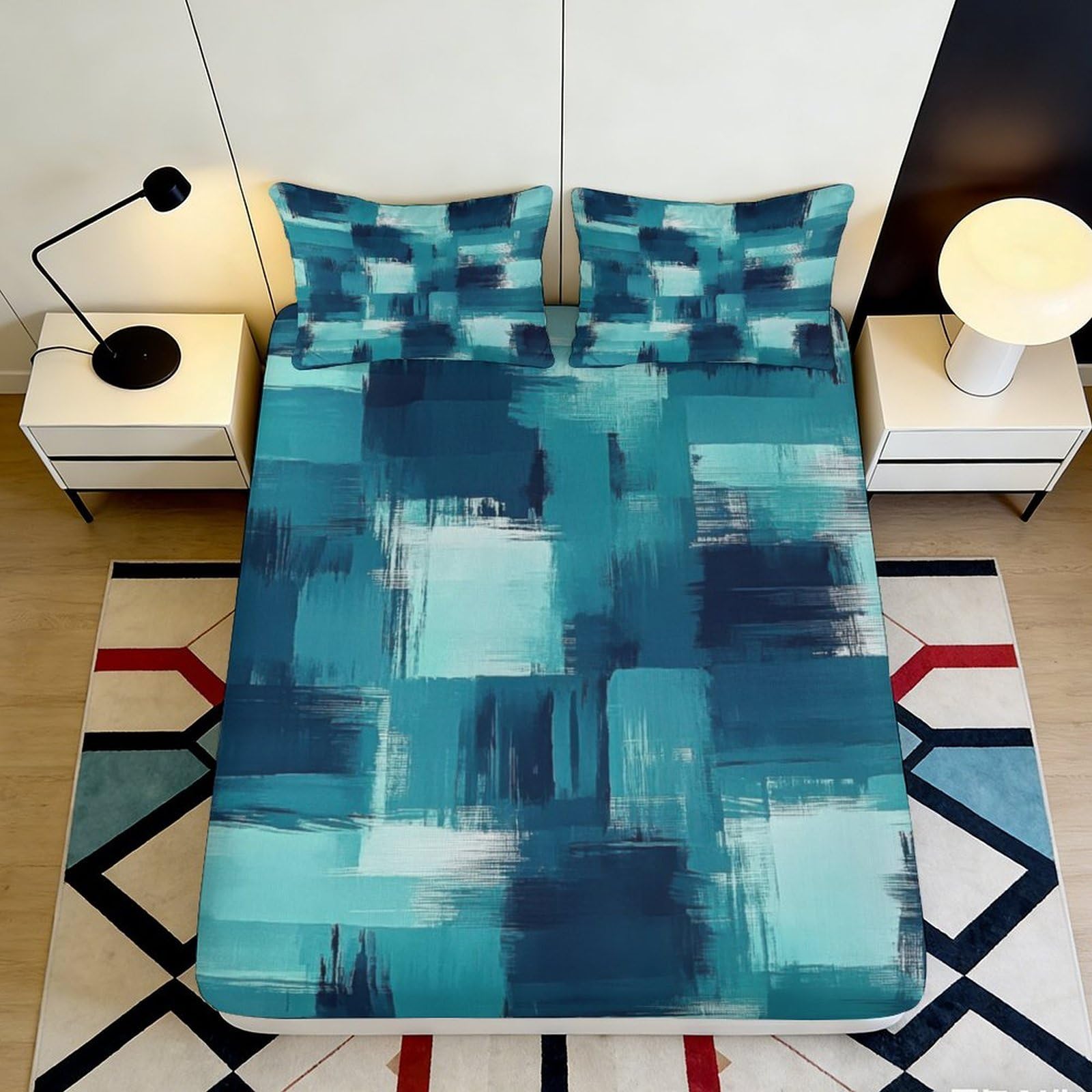 3D Printed Blue Geometric Fitted Sheet Microfiber Elastic Hem Deep Pocket Abstract Blue Mattress Fitted Cover Non-Slip Washable Bedroom 140x200x25cm