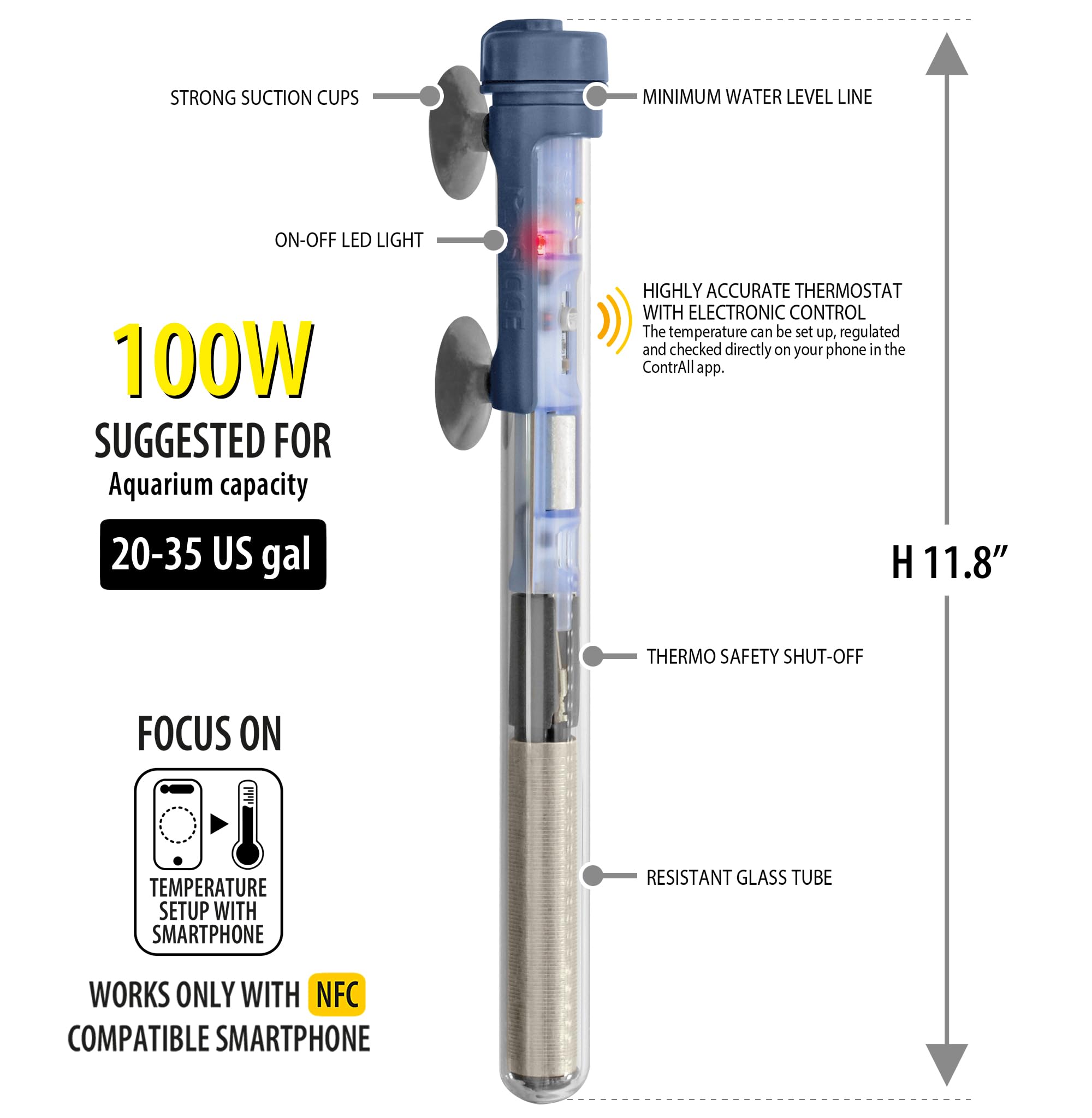 Sicce Scuba Chauffage d'aquarium 100 W contrôlé par NFC sans contact avec application réglable | 100 W submersible pour eau salée et eau douce | Protection contre la course à sec