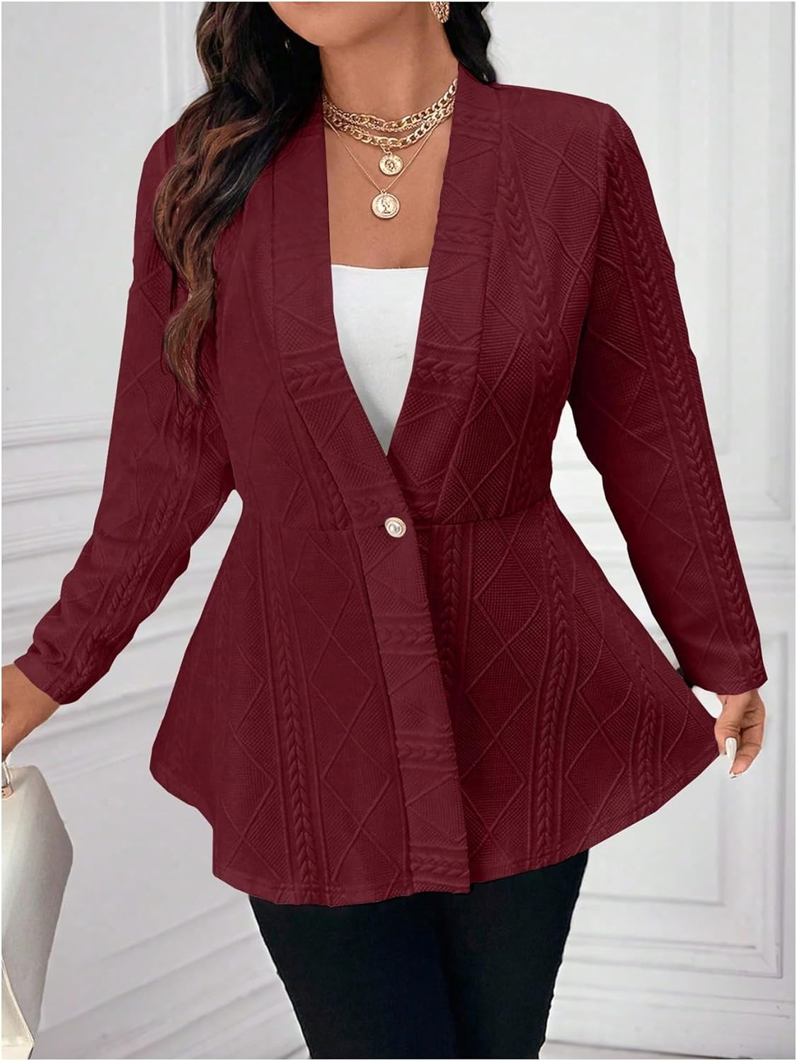 Milumia Women's Plus Size Textured Button Down Blazer V Neck Ruffle Hem Jacket