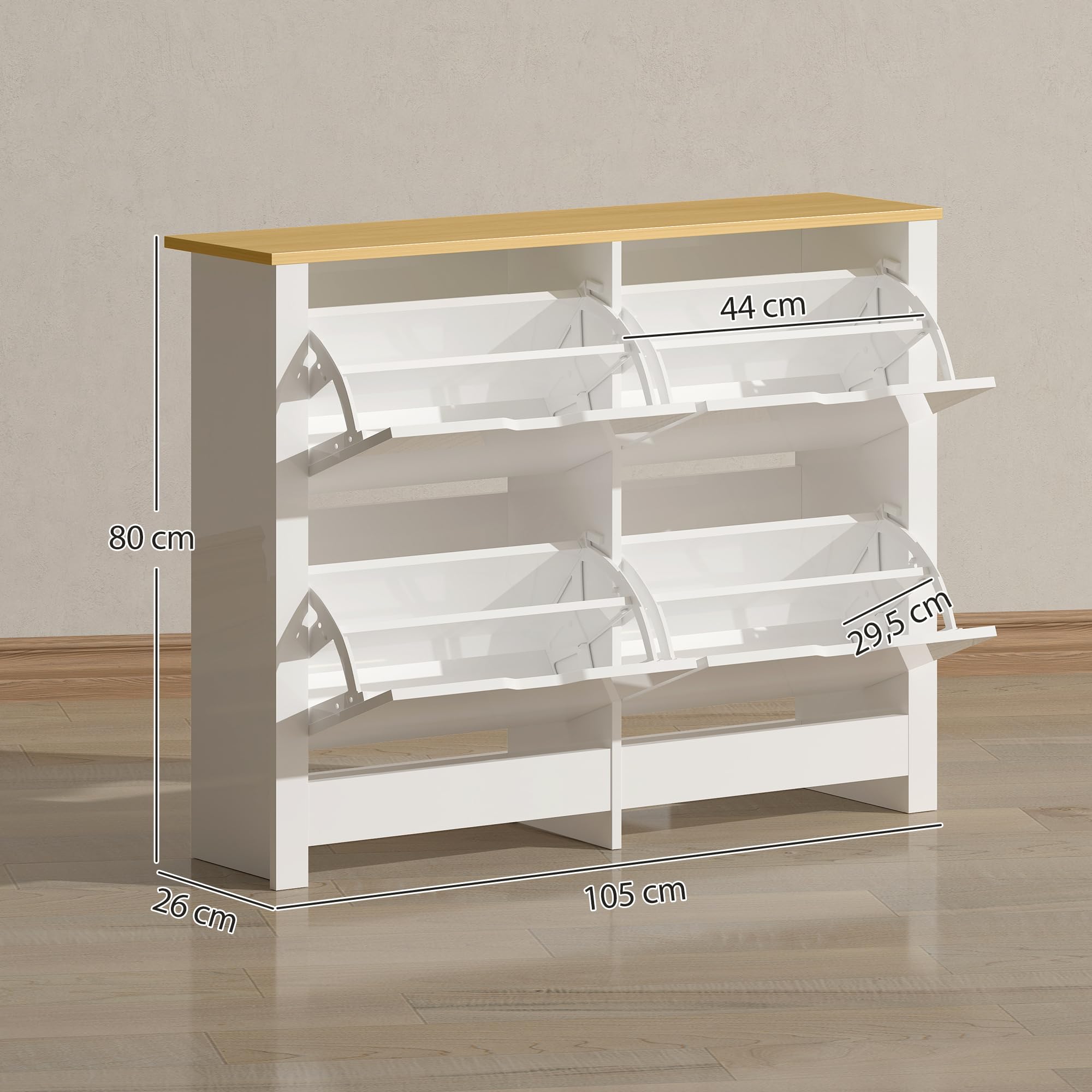 HOMCOM Meuble à Chaussures 4 Tiroirs 105 x 26 x 80 cm Blanc Naturel | Armoire à Chaussures Étroite 16 Paires, Étagères Réglables, Style Moderne, pour Couloir, Entrée,