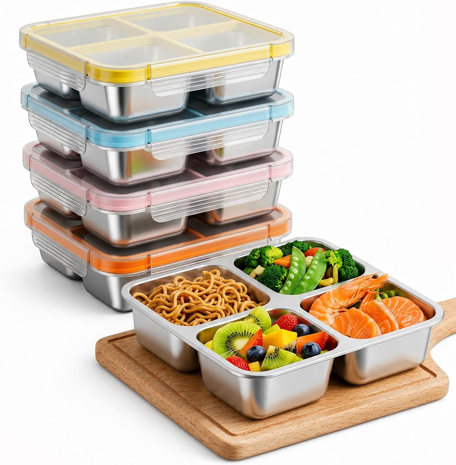 4 Pack Stainless Steel Snack Containers with Lids, 4-Compartment Bento
