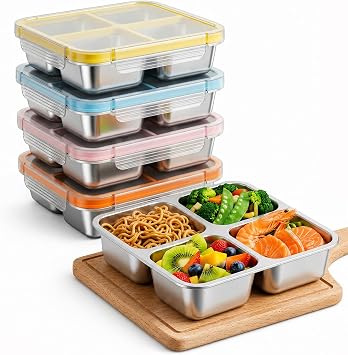 4 Pack Stainless Steel Snack Containers with Lids, 4-Compartment Bento