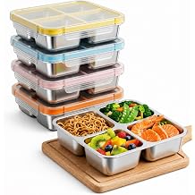 4 Pack Stainless Steel Snack Containers with Lids, 4-Compartment Bento