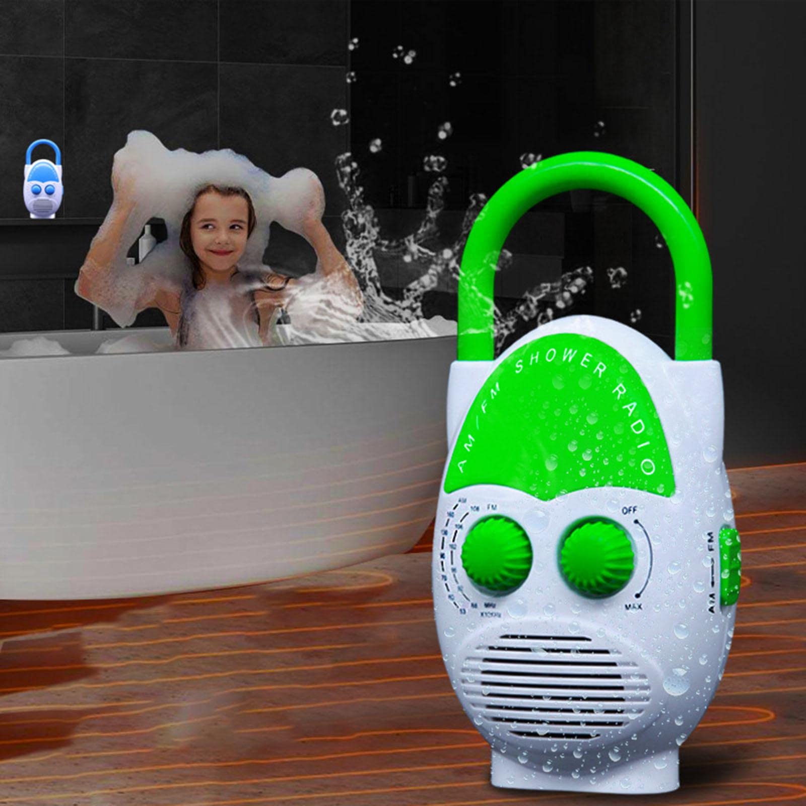 Radio de Douche Suspendue Portable avec Poignée Supérieure étanche pour Piscine Extérieure, Haut-parleur Intégré, Vert