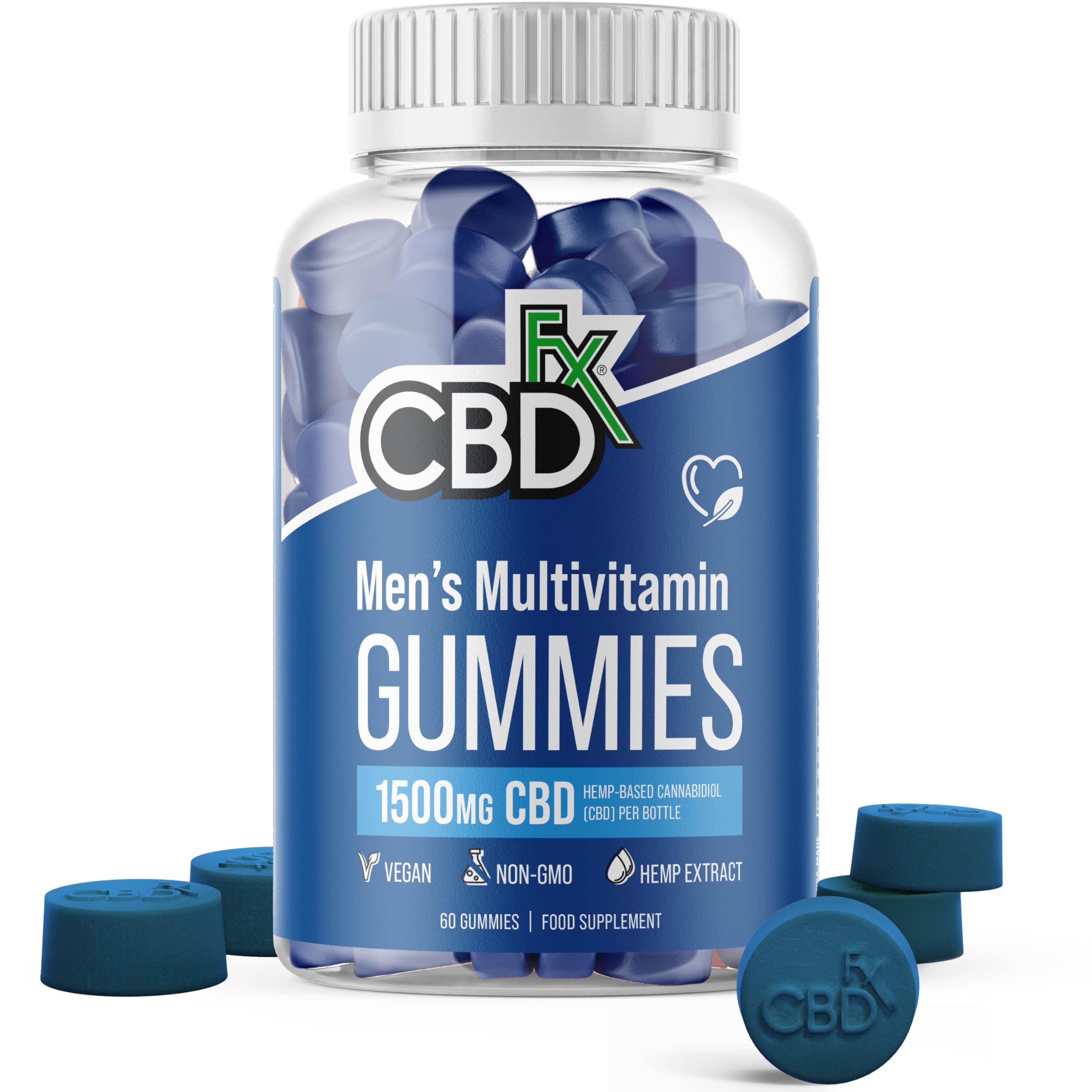 CBDfx 1500mg CBD High Strength Men's Multivitamin Gummies, Vitamins A, C, D3, E, B6, B12, Zinc, Biotin, Iodine, 60 Gummies (30 Days)