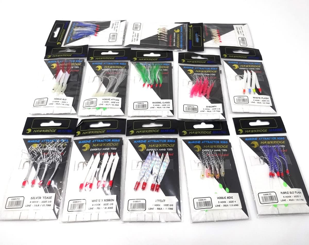 HAWKRIDGE MARINE RIG PRO SERIES - 13 Quality Packs of (ASSORTED) Sea Feather Lure Fishing Rigs - Ideal for Sea Boat Shore for Mackerel, Herring, Bass & Cod