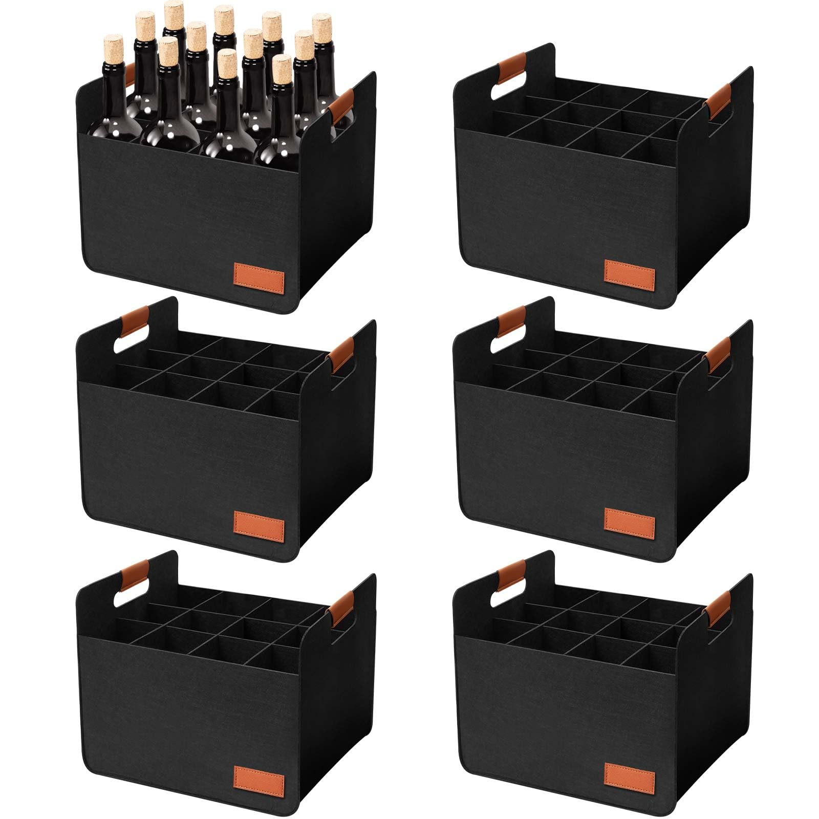 Windyun 12 Pcs 12 Bottle Wine Carrier Tote with Reinforced Cardboard Set 14.57 x 12.6 x 10.63 Inch Reusable Felt Wine Tote Bag with Handles Collapsible Ratafia Packing Boxes for Moving (Black)