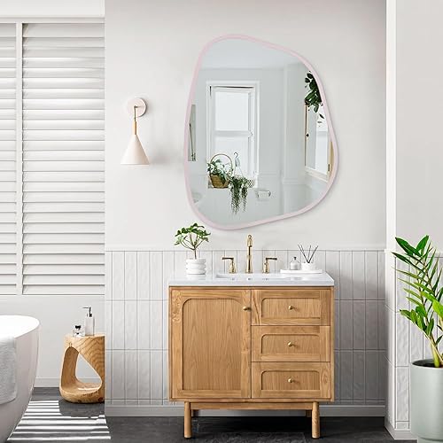 Miniatura 6 de Espejo de pared irregular de 26 x 18 pulgadas, espejo de baño grande asimétrico con marco de madera, espejos decorativos artísticos modernos para