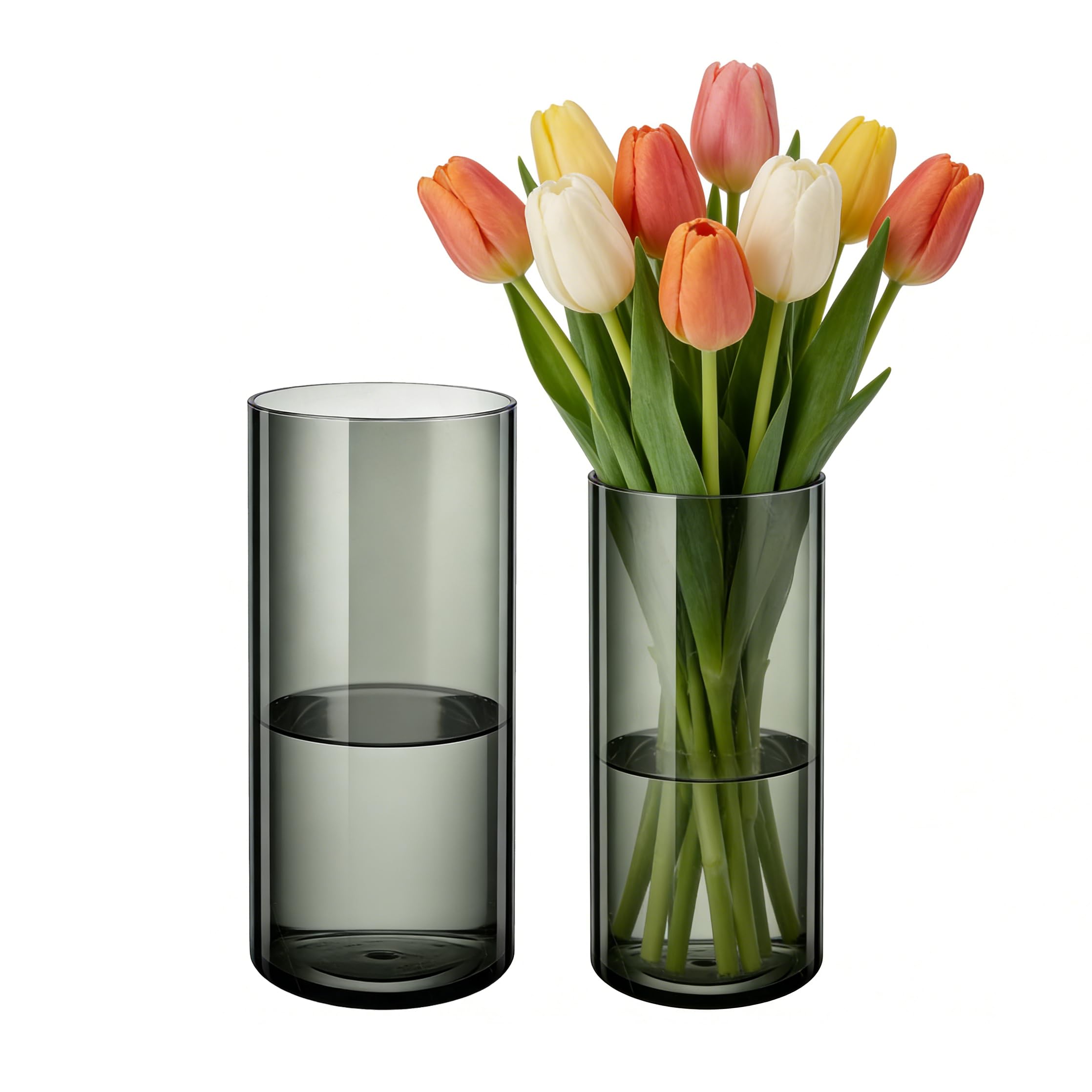 Koelaa 2 Piece Set Clear Grey Acrylic Flower Vases 10x20cm and 12x25cm, Unbreakable, Shatter-Proof Plastic Cylinder Vases for Flower Arrangement, Wedding, Living Room Decor, Gift (Mother’s Day)