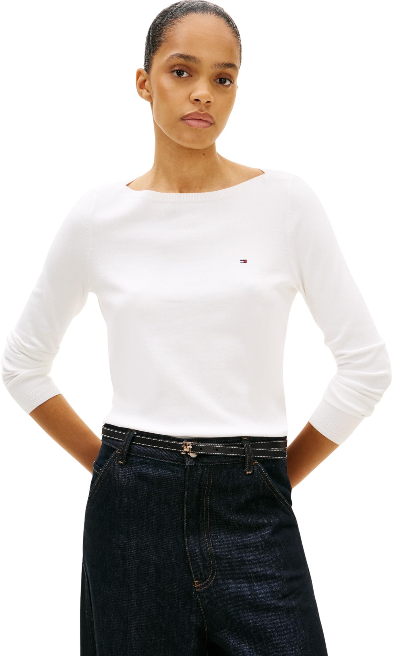 Tommy Hilfiger Women’s Cotton Jersey Stitch Boat Neck Jumper, White (Ecru), XXL