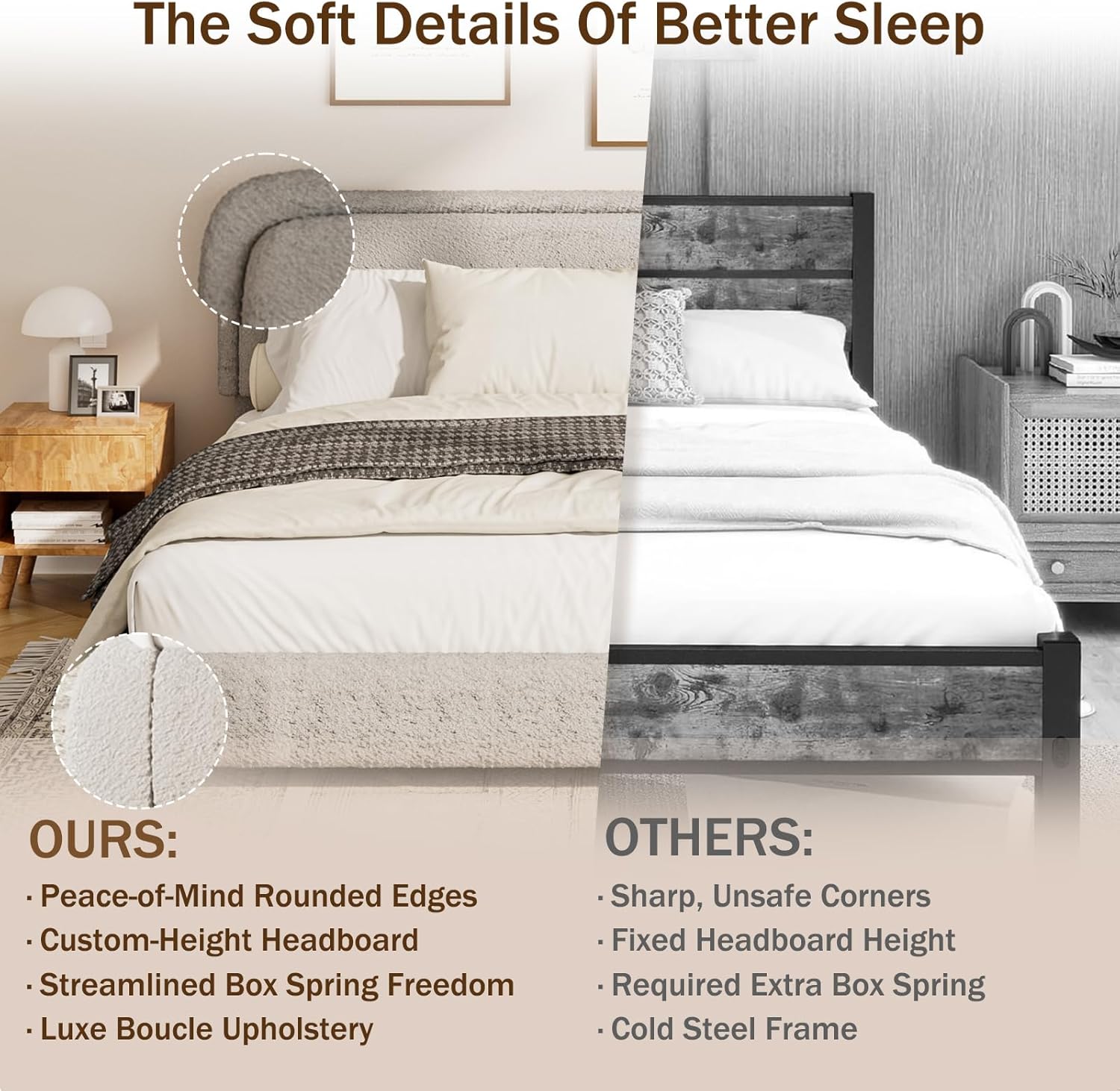 King Size Bed Frame with Headboard Adjustable, Boucle Upholstered Cloud Bed Frame King, Soft Anti-Collision Soft Rounded Corners, No Box Spring Needed, Easy Assembly, Noise-Free, Grey