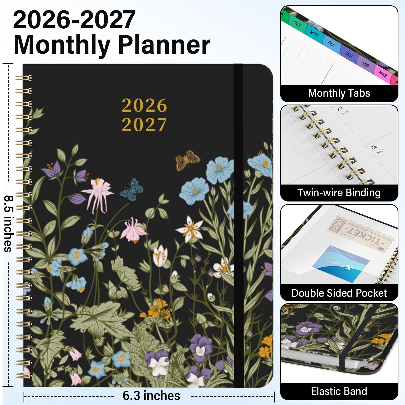 Planer 2026, Wochen- und Monatskalenderplaner für Frauen, 16 x 21,6 cm, Juli 2026 - Juli 2027, Hardcover Planungsbuch mit Reitern, Spiralbindung, Innentasche, für Schule, Bürobedarf (Wildblume)
