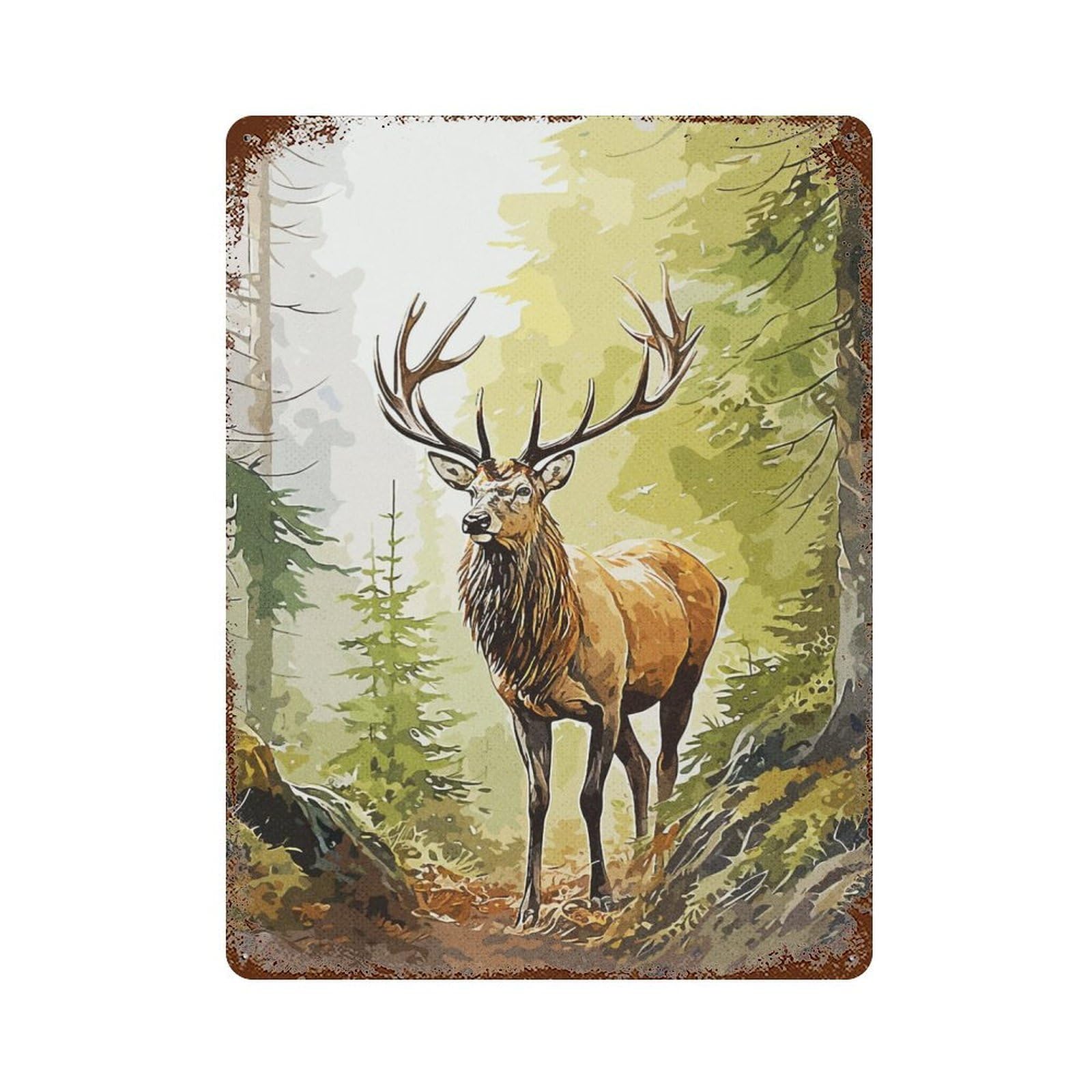 Weathered Tin Sign with Wild Deer Design 15.7"x11.8", for Basement, Hobby Room And Garage Decor, Industrial Home Decor
