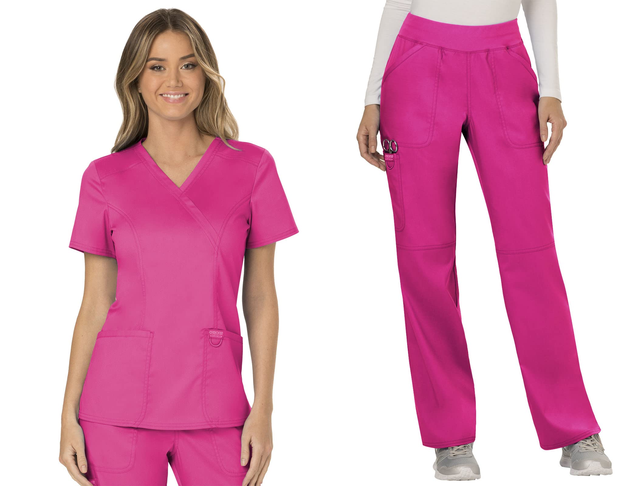 CherokeeWomen Scrubs Set Workwear Revolution WW610 Mock Wrap Top & WW110 Mid Rise Straight Leg Pull-on Pant, Electric Pink- XS Top/XS Pant