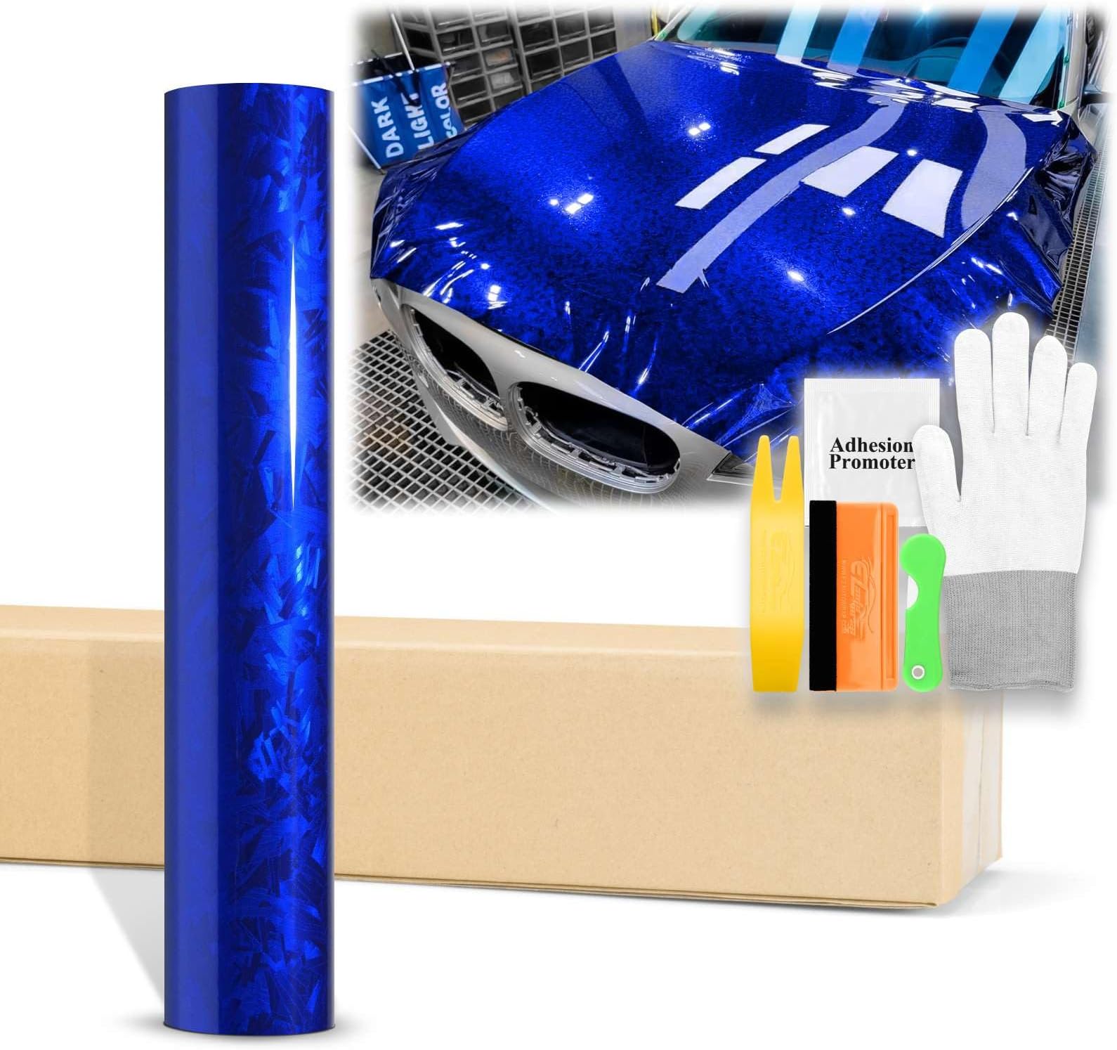 20"x60" (1.6FTx5FT) Gloss Blue 24K Chopped Forged Carbon Fiber Textured Vinyl Wrap Auto Car Sticker Decal Sticker Film Sheet Bubble Free Air Release Technology with Tool Kit