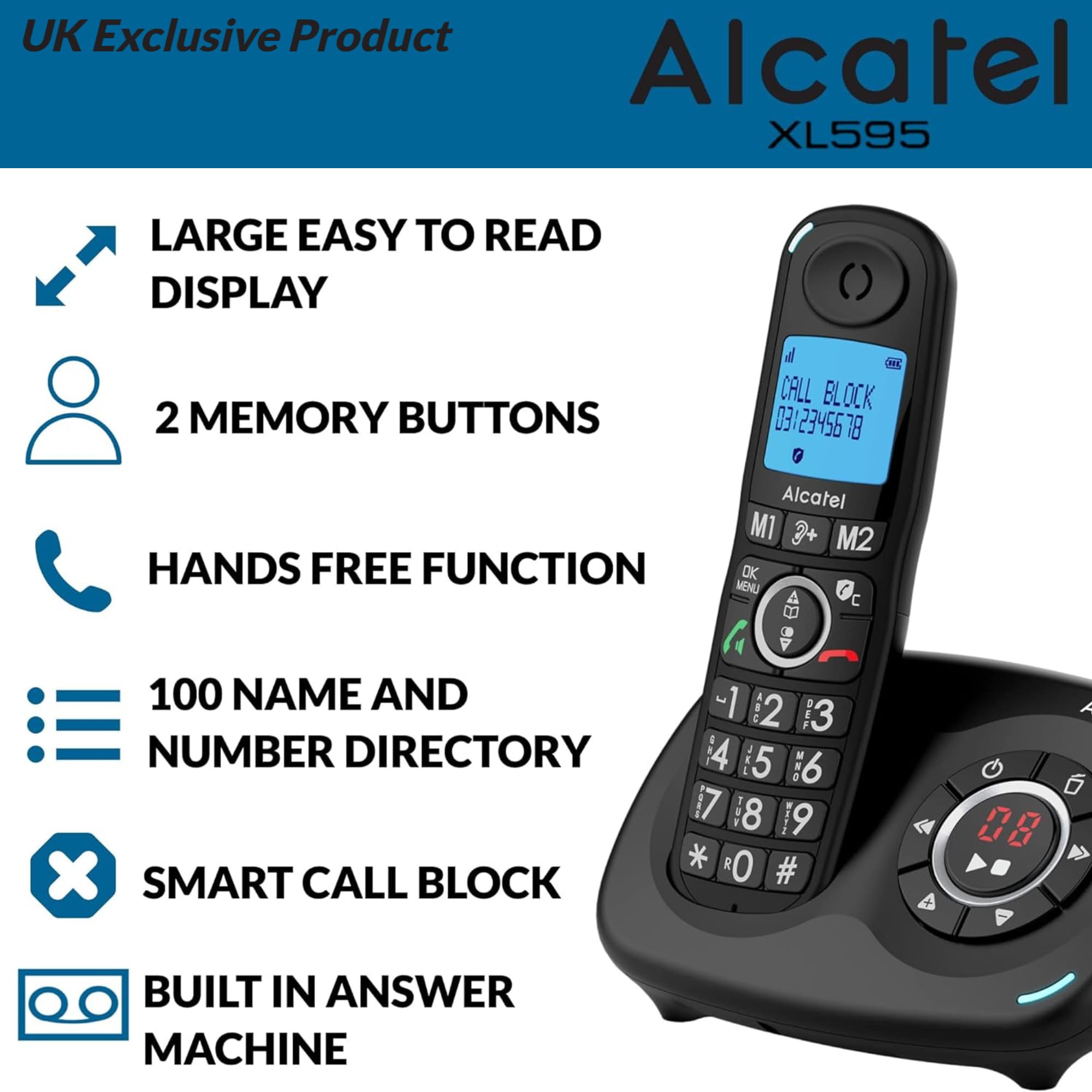 ALCATEL XL595 B Voice Duo - Telefono cordless senior con segreteria telefonica, ampio display retroilluminato, vivavoce, esclusione chiamate - Boost audio - segreteria telefonica 14 minuti - 2