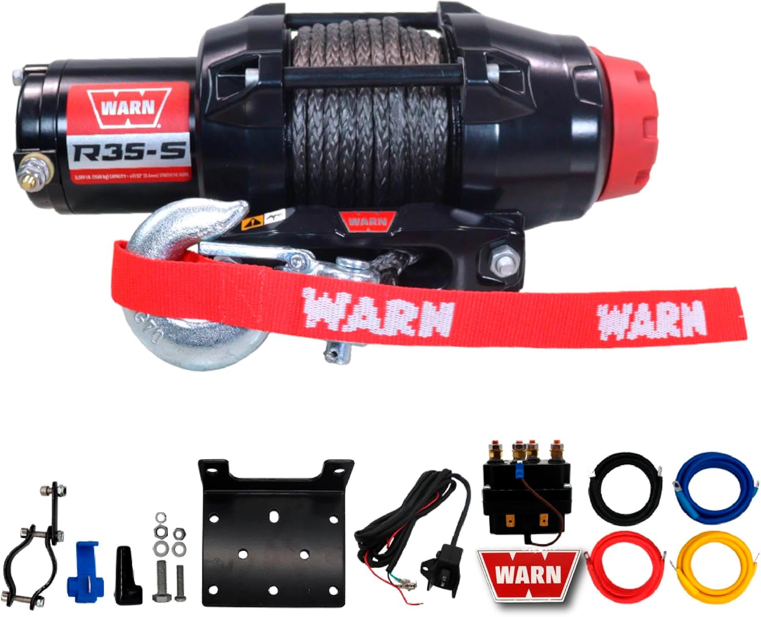 Warn R35-S Rope Winch - 3,500 lb. Pulling Capacity, Equipped with 50’ of 7/32” Synthetic Rope & Dash-Mounted Rocker Switch - Fairlead for ATV, UTV, Side by Side, and SXS Recovery & Towing