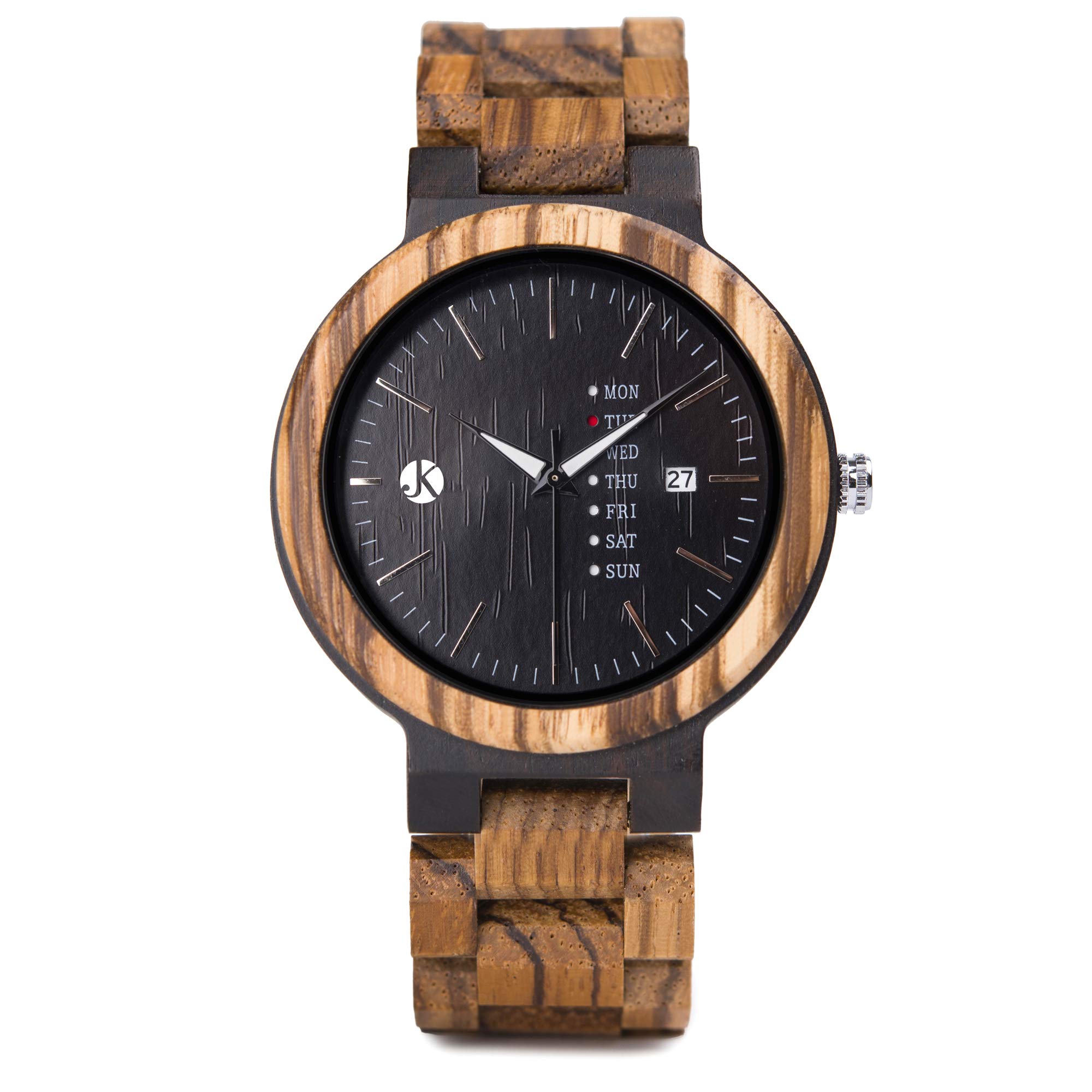 Kim Johanson Herren Holz-Edelstahl Armbanduhr *Dark Week* mit Datum- & Tagesanzeige Handgefertigt Quarz Analog Uhr inkl. Geschenkbox