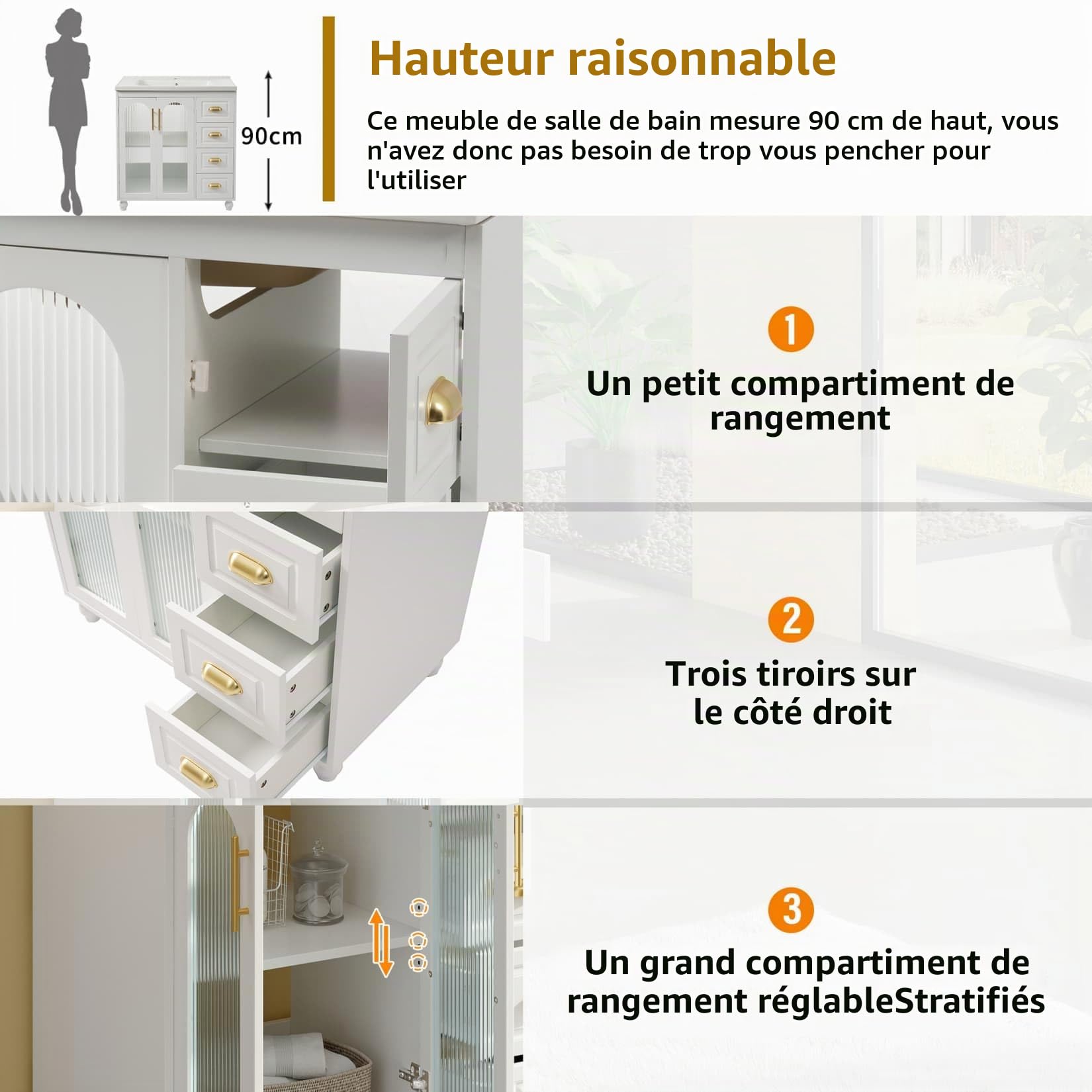 PUGSDRLY Meuble sous Lavabo,Meuble Salle de Bain avec Lavabo en Céramique,3 Tiroirs Silencieux,2 Portes Vitrées,étagère,Armoire de Rangement,Commode,80x47x90