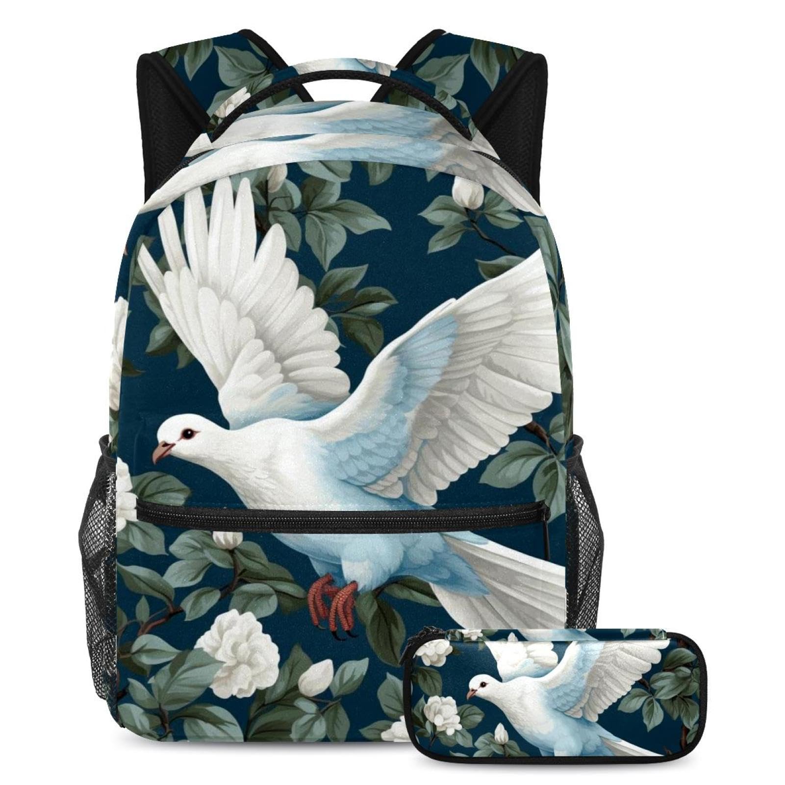 Ensemble cartable blanc motif colombes avec trousse crayons