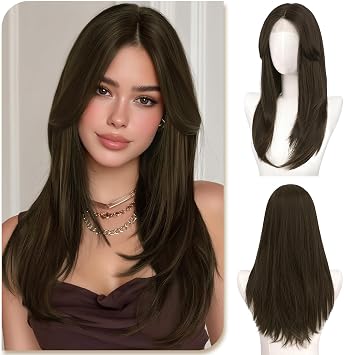 Sofeiyan Long Straight Wig with Curtain Bangs,22 Inch Small Lace Front Wigs with Natural Hairline,Brown with Highlights Layered Synthetic Wig for Women Daily Party Prom Cospaly