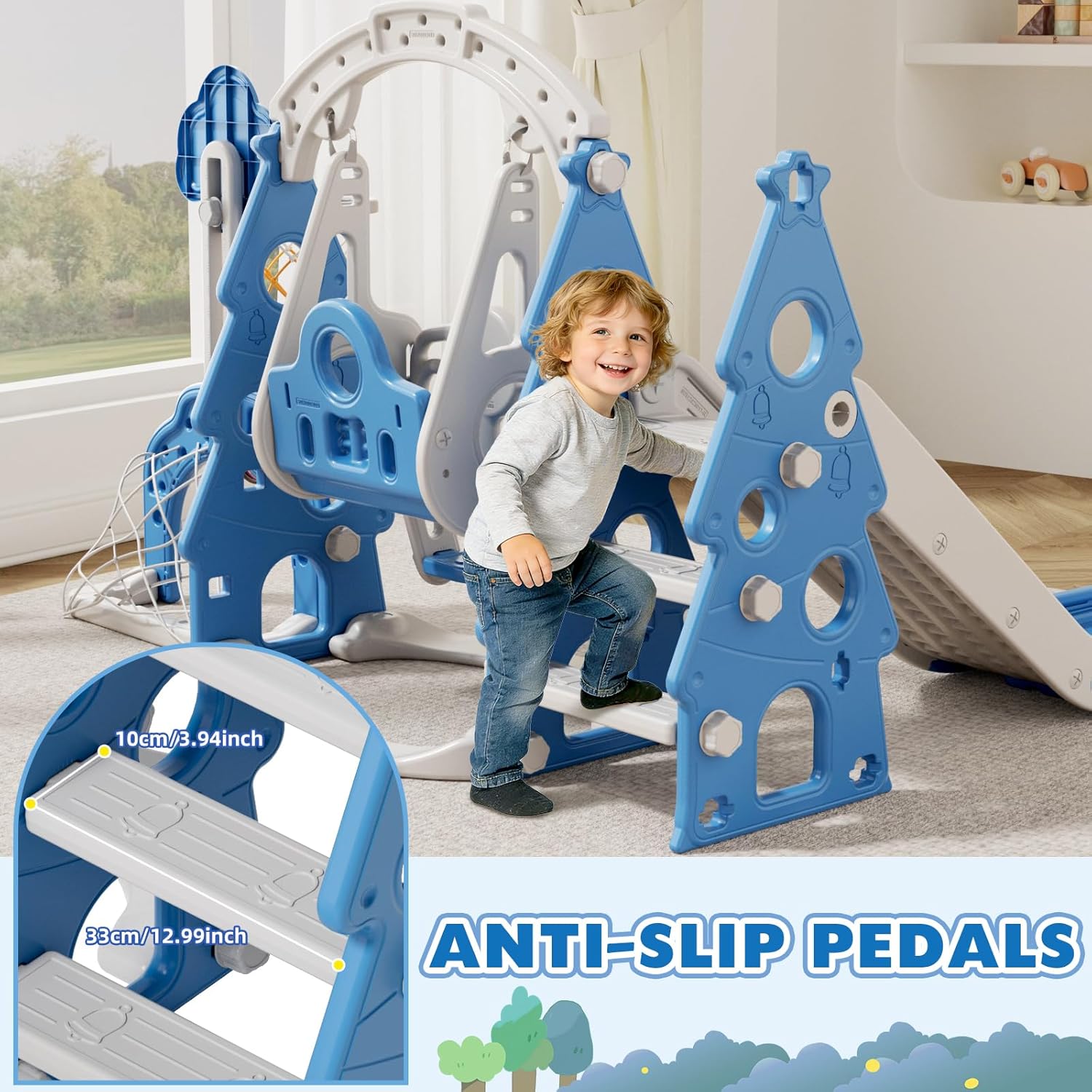 YUFU 6-in-1 Kids Slide and Swing Set, Toddler Slide with Basketball Hoop, Swing, Soccer Goal, Indoor Outdoor Playset for Toddlers Age 1-3 (Blue)