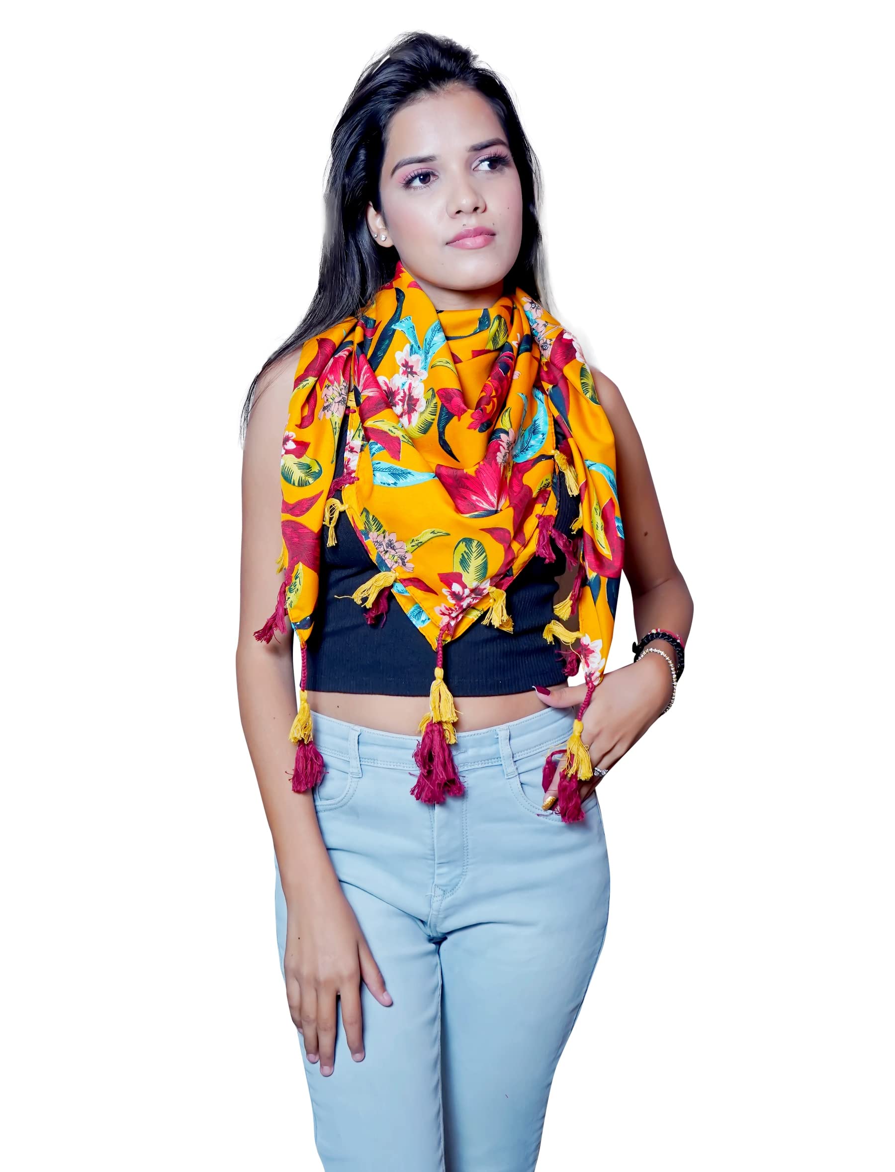 PRACWAL Scarf Polyester Yellow Scarf Stoles for Women Flower Floral Print Summer Scarfs Goa Beach Wear