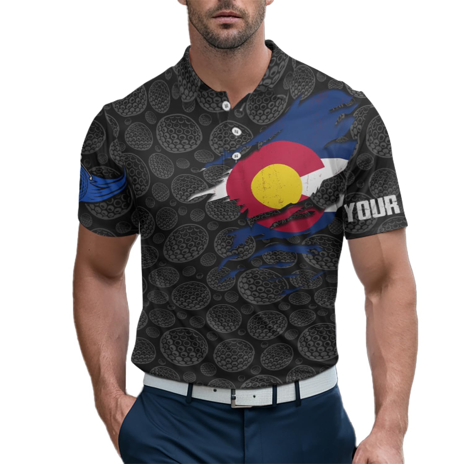 Crack Colorado Flag Black Golf Pattern Men's Polo Shirt - Custom Patriotic Golf Shirt for Men Performance Golf Polo Shirt Personalized L0327