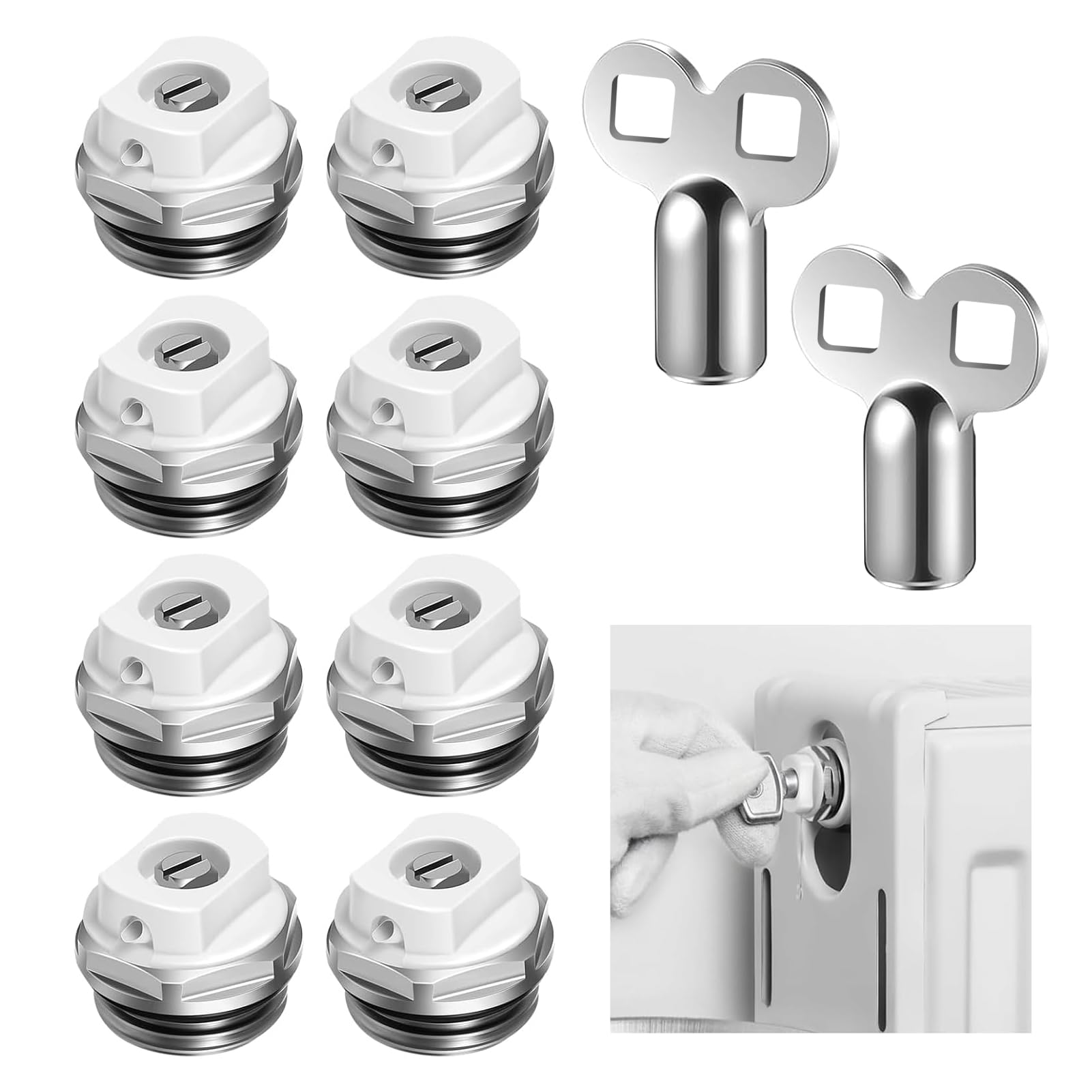 Tulov Pack of 8 Radiator Bleed Valves, 1/2 Inch Heating Bleed Valve with 2 Bleed Keys, Metal Outlet Valve, Brass Rotating Plastic Head