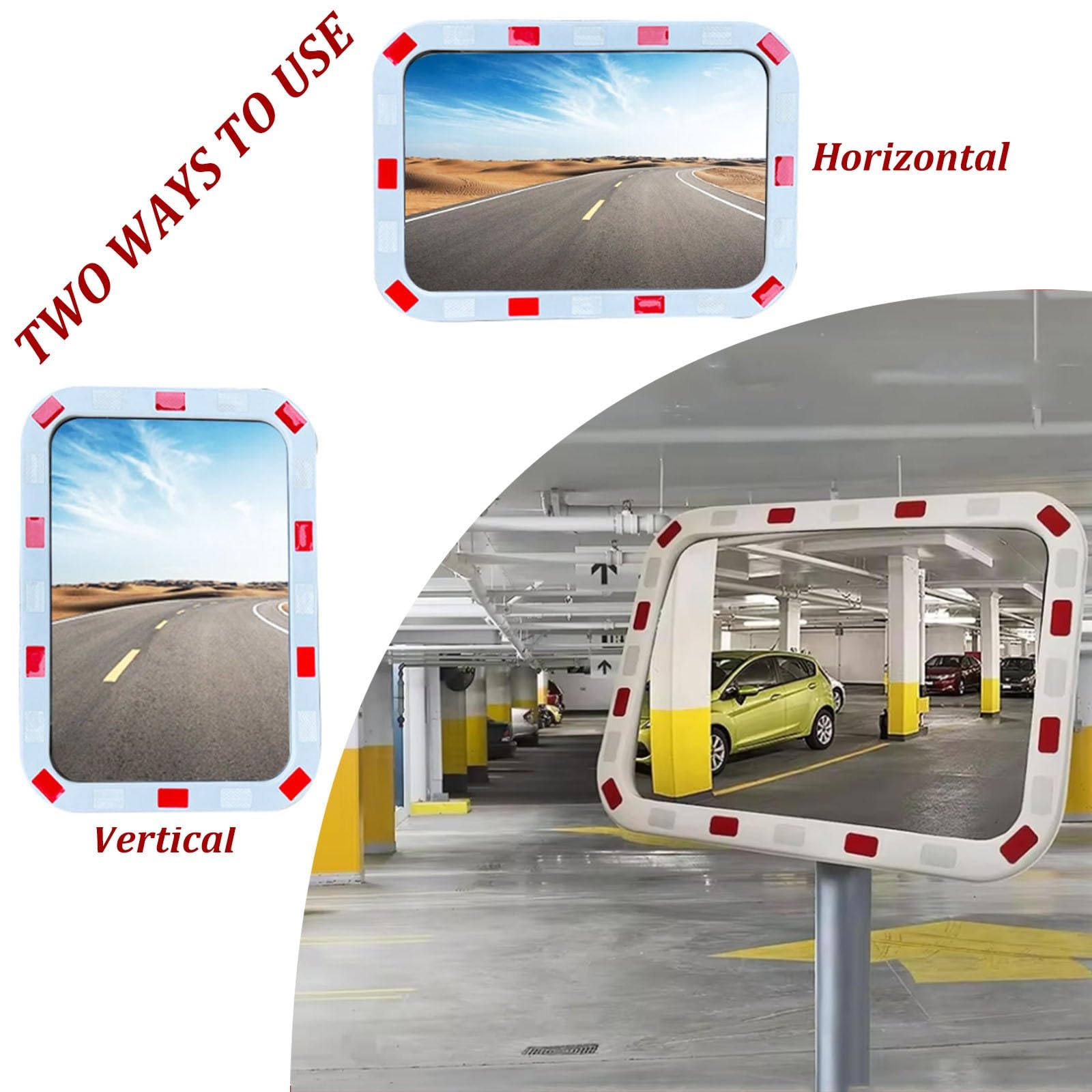 Espejo Convexo de tráfico, Espejo de Seguridad Rectangular, Gran Angular con Soporte, para entradas de vehículos, almacenes, garajes y Seguridad de Tiendas Blanco(PC,40x60cm)