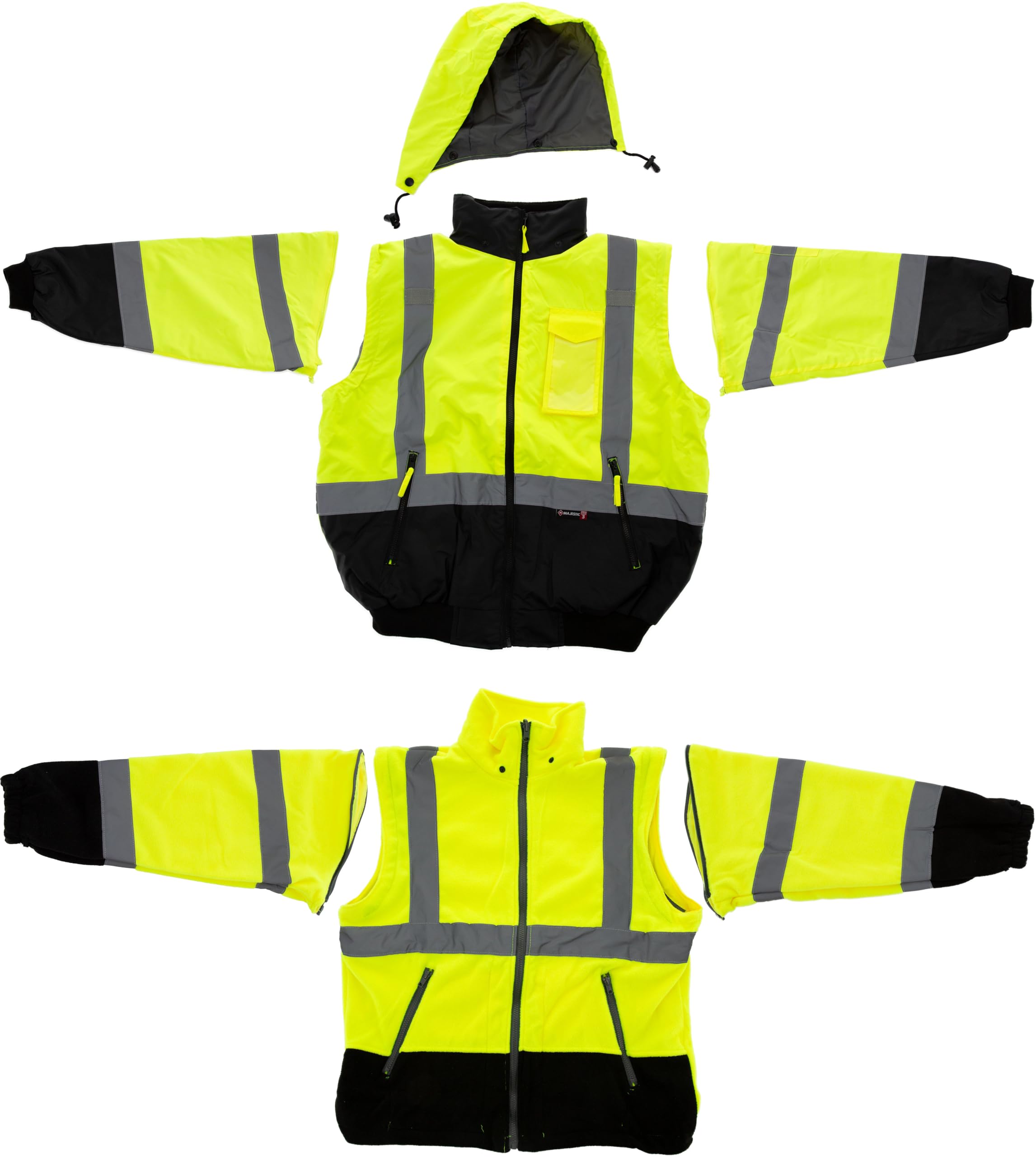 Majestic 75-1383/X3 High Visibility Yellow 8-in-1 Waterproof Jacket with High Visibility Liner, Removable Sleeves and Liner, PU Coated Oxford Fabric,