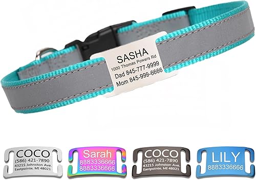 Collar reflectante personalizado para perro con placa de nombre, ajustable grabado personalizado con nombre de mascota y número de teléfono, placa