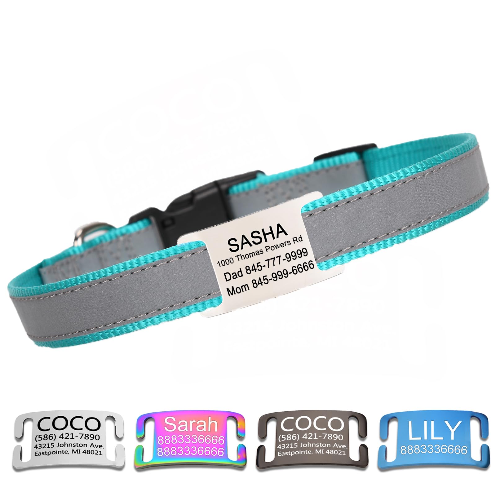 Reflective Personalized Dog Collar with Name Plate,Adjustable Custom Engraved Pet Name and Phone Number Collar,Silent Slide On Stainless Steel Pet Tag