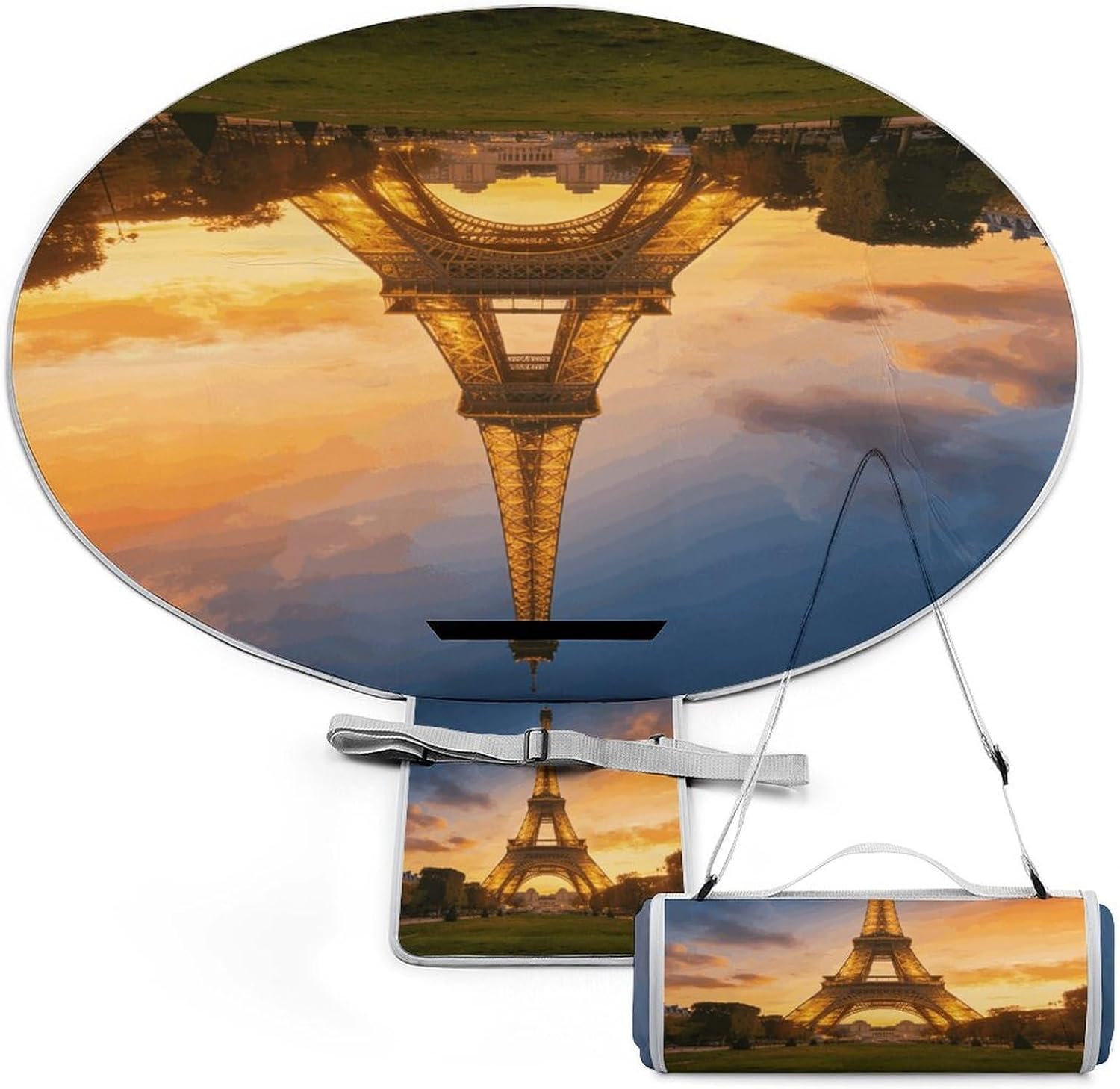 Eiffel Tower Round Picnic Outdoor Blanket with Carry Strap,Lightweight Folding Portable Travel Blanket Waterproof Sand Proof Camping Blanket for Camping, Beach, Park 58.3"x58.6"